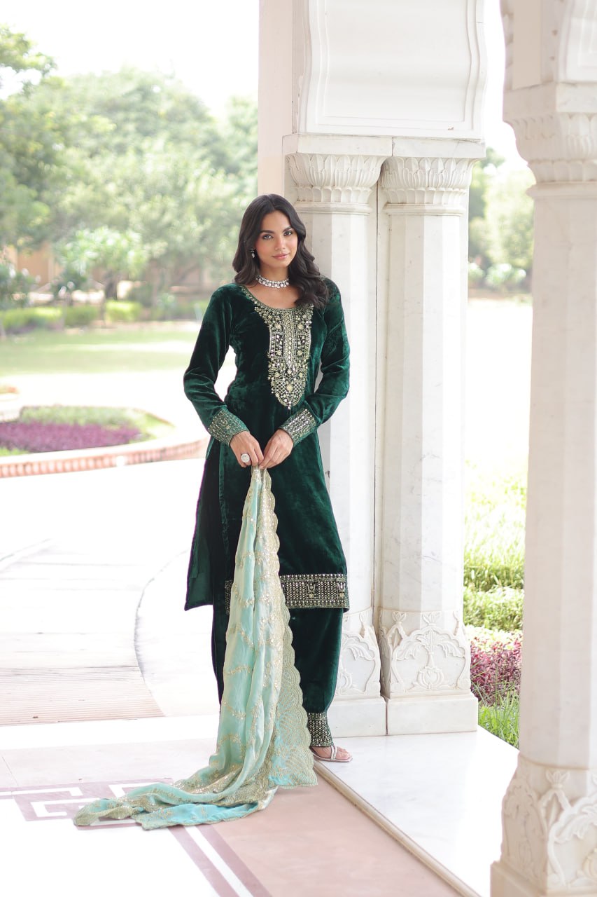 Green Color Velvet Sequins & Zari Embroidered 3-Piece Set | Nardev Fashion