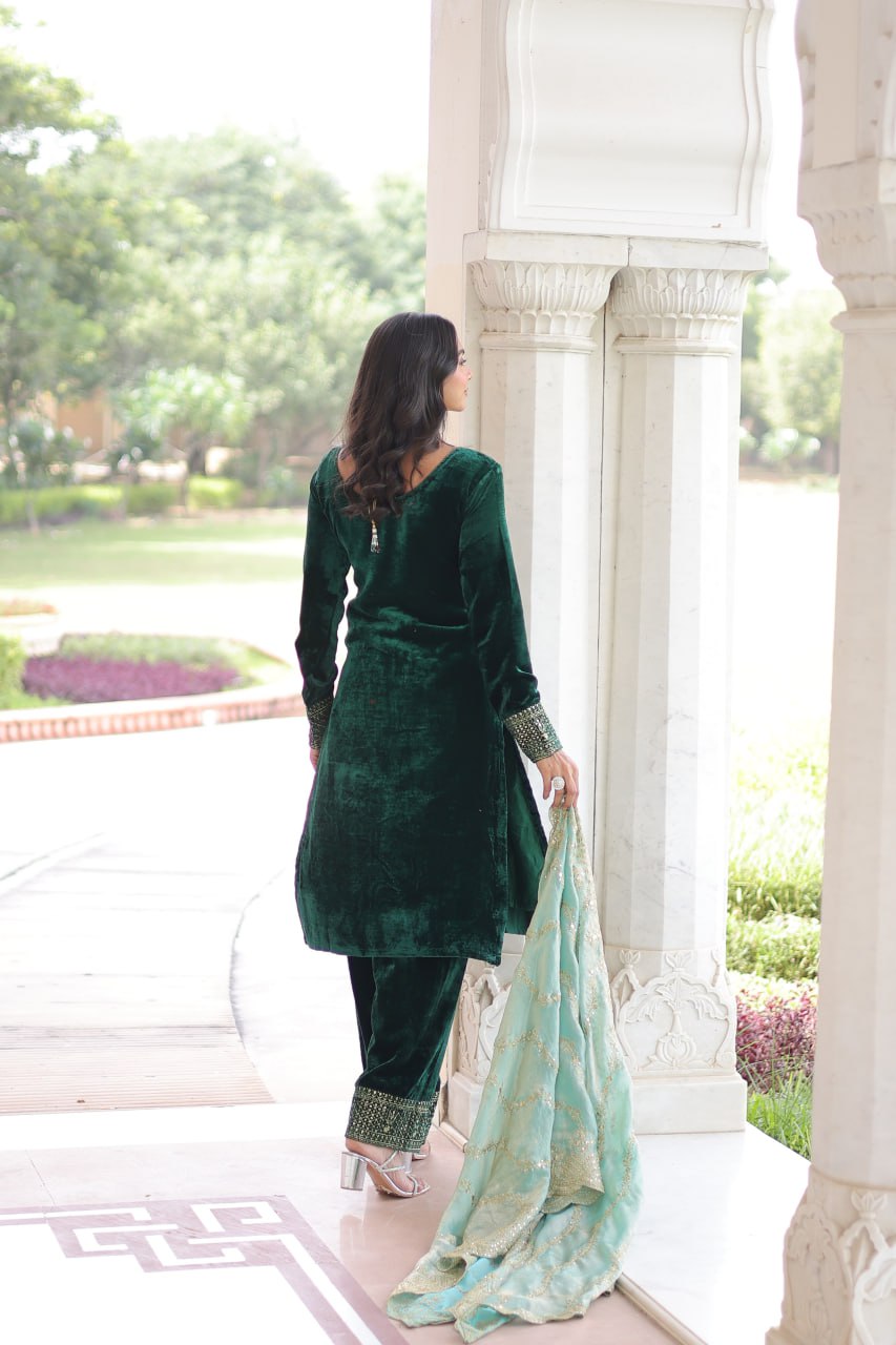 Green Color Velvet Sequins & Zari Embroidered 3-Piece Set | Nardev Fashion