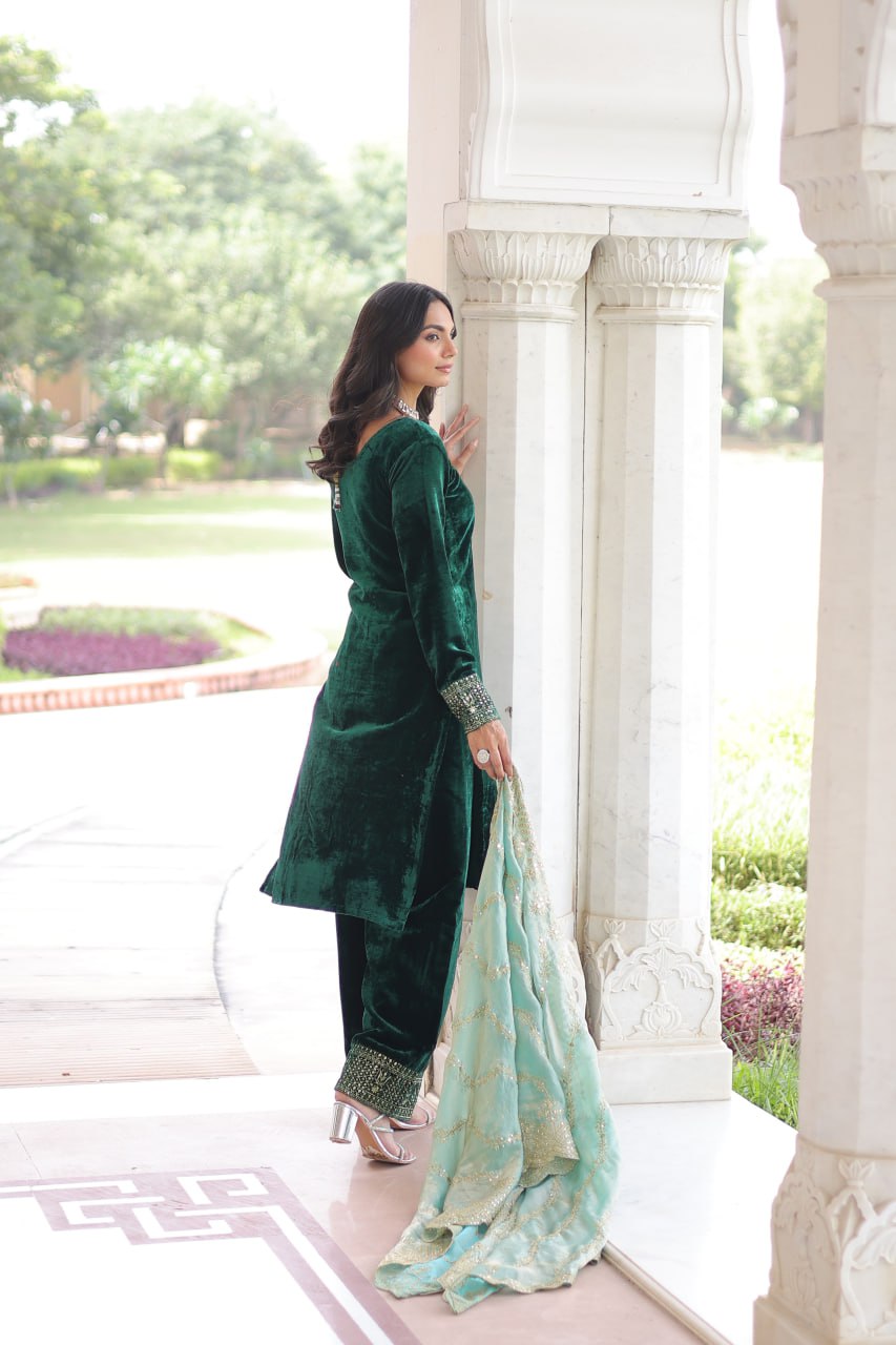 Green Color Velvet Sequins & Zari Embroidered 3-Piece Set | Nardev Fashion