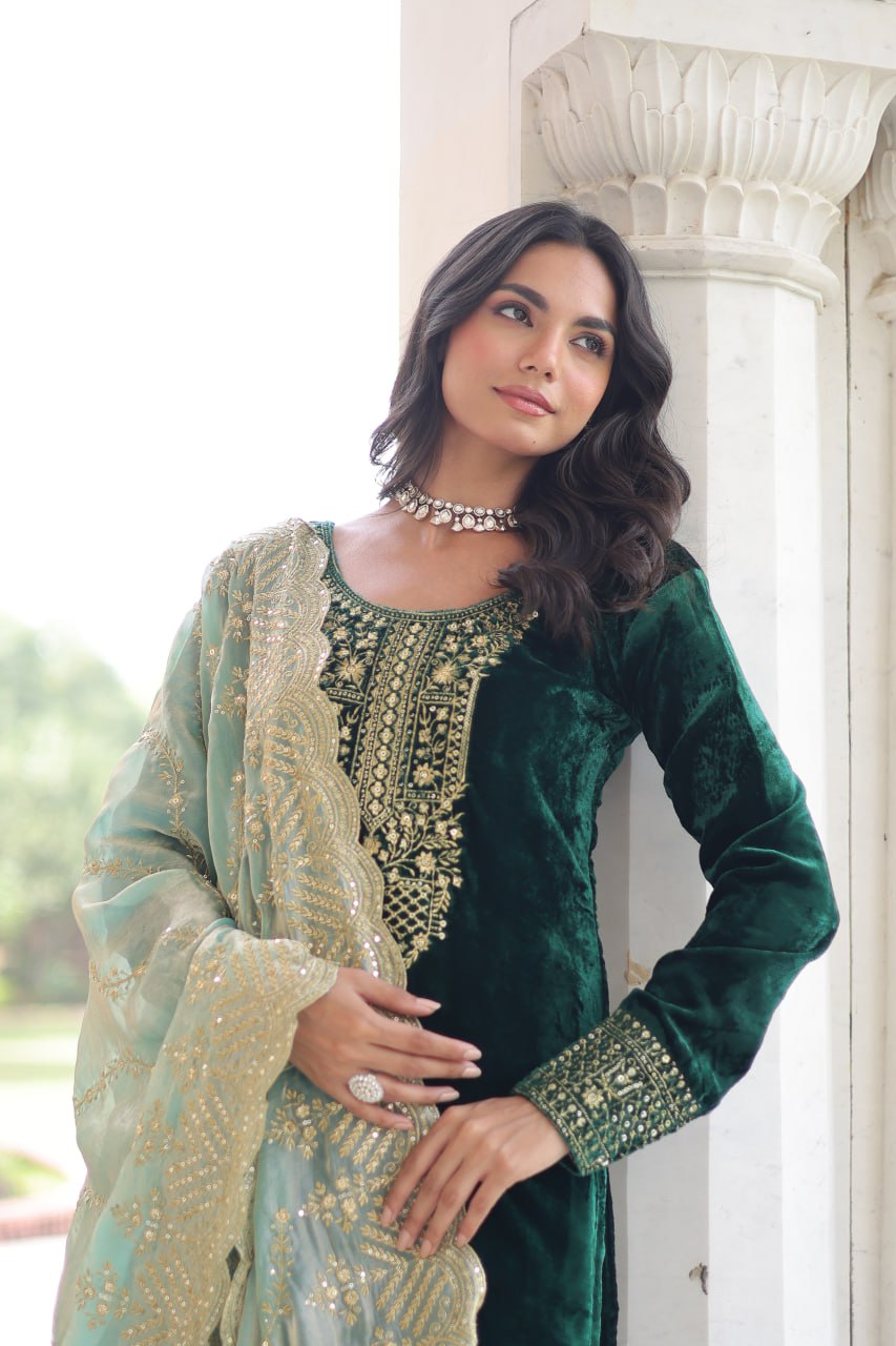 Green Color Velvet Sequins & Zari Embroidered 3-Piece Set | Nardev Fashion