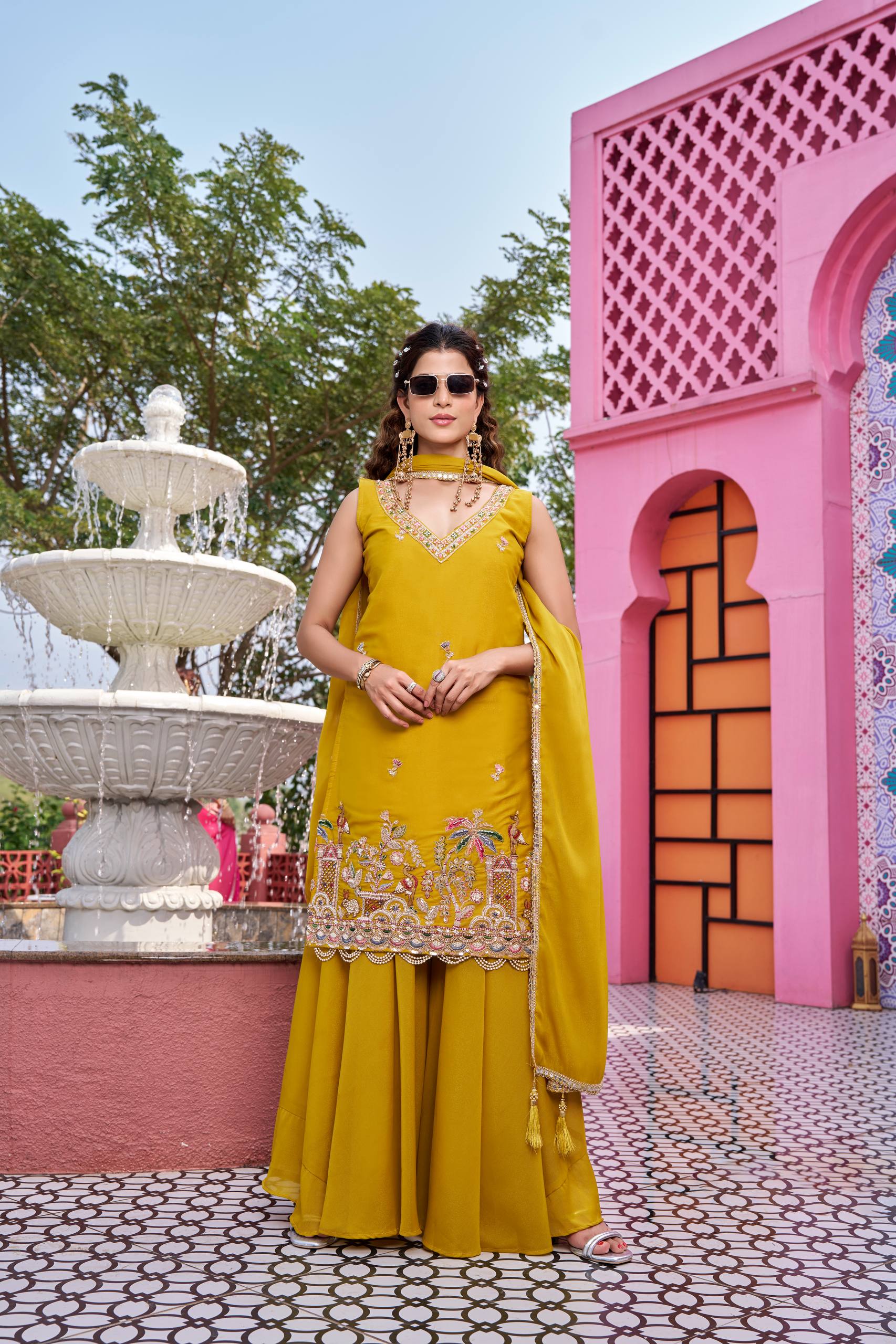 Haldi Special Designer Kurti Plazzo Dupatta Set with Moti Work | Nardev Fashion