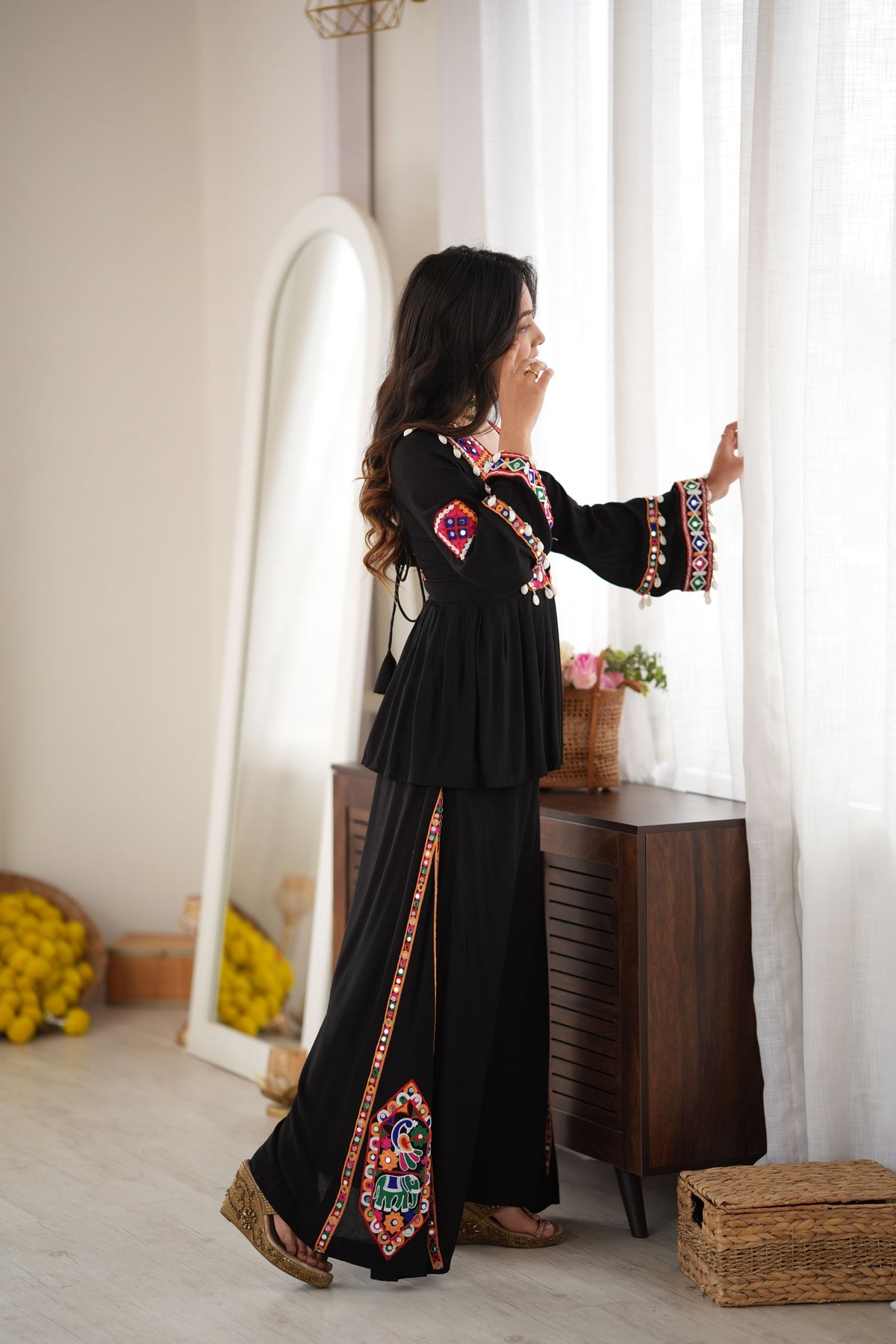 Black Heavy Reyon Silk Embroidered Peplum Top With Plazo Set