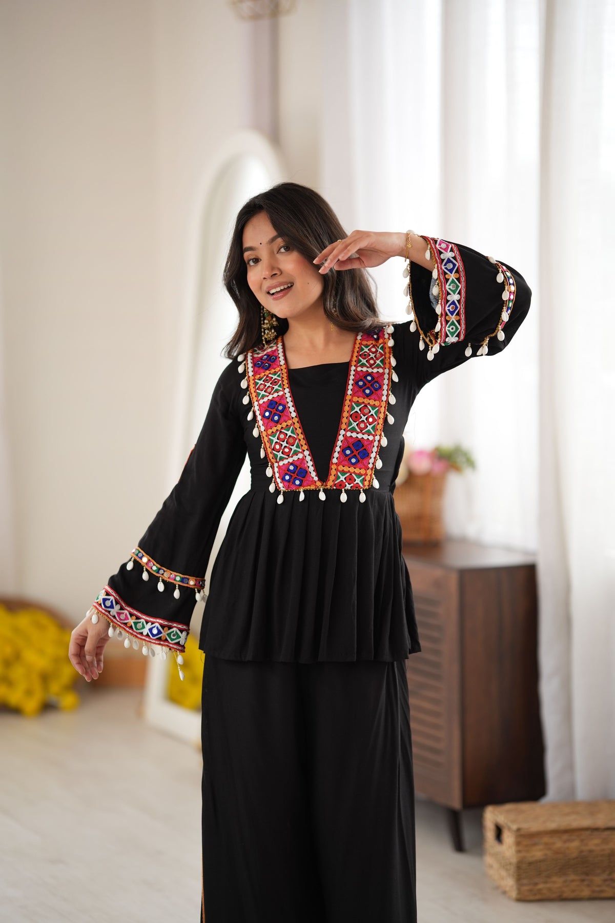 Black Heavy Reyon Silk Embroidered Peplum Top With Plazo Set