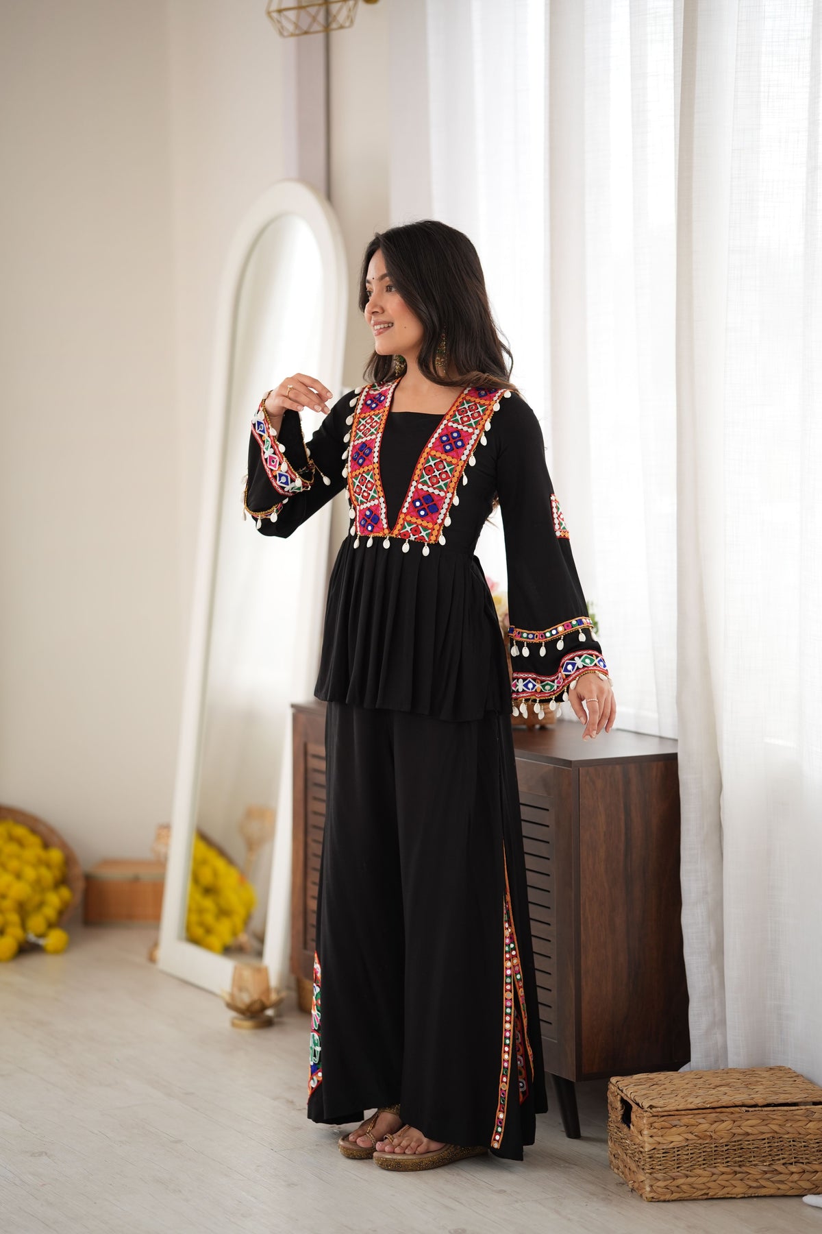 Black Heavy Reyon Silk Embroidered Peplum Top With Plazo Set