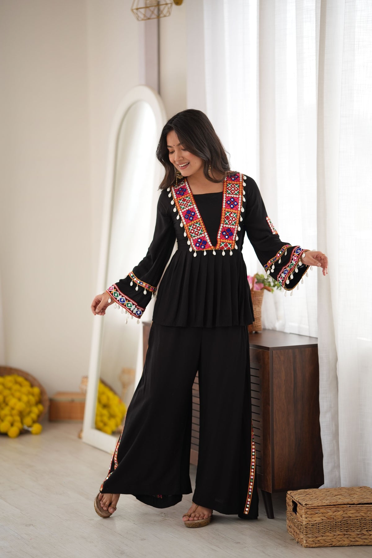 Black Heavy Reyon Silk Embroidered Peplum Top With Plazo Set