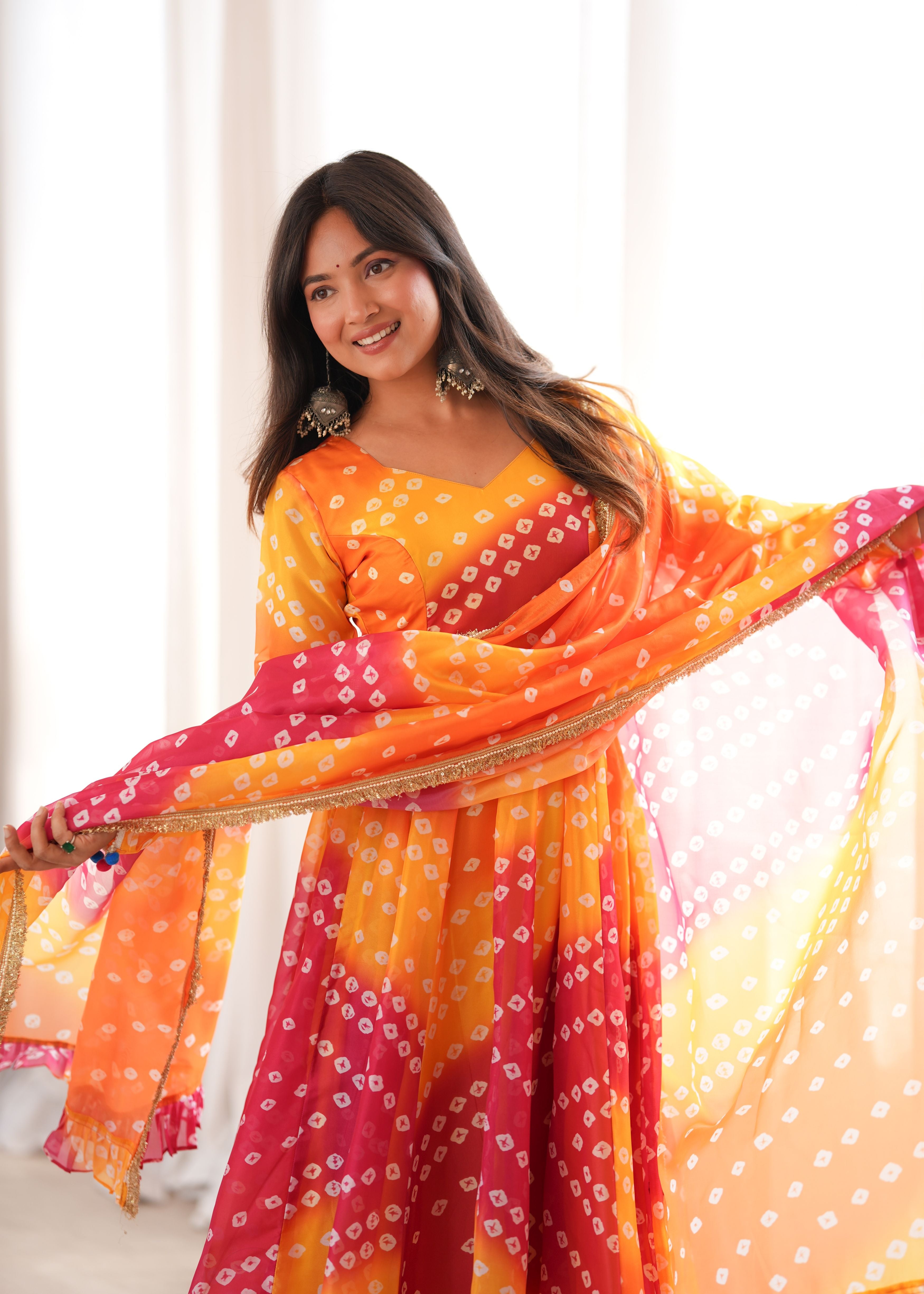 Sunset Orange Bandhani Printed Organza Anarkali Gown Set with Dupatta & Pant