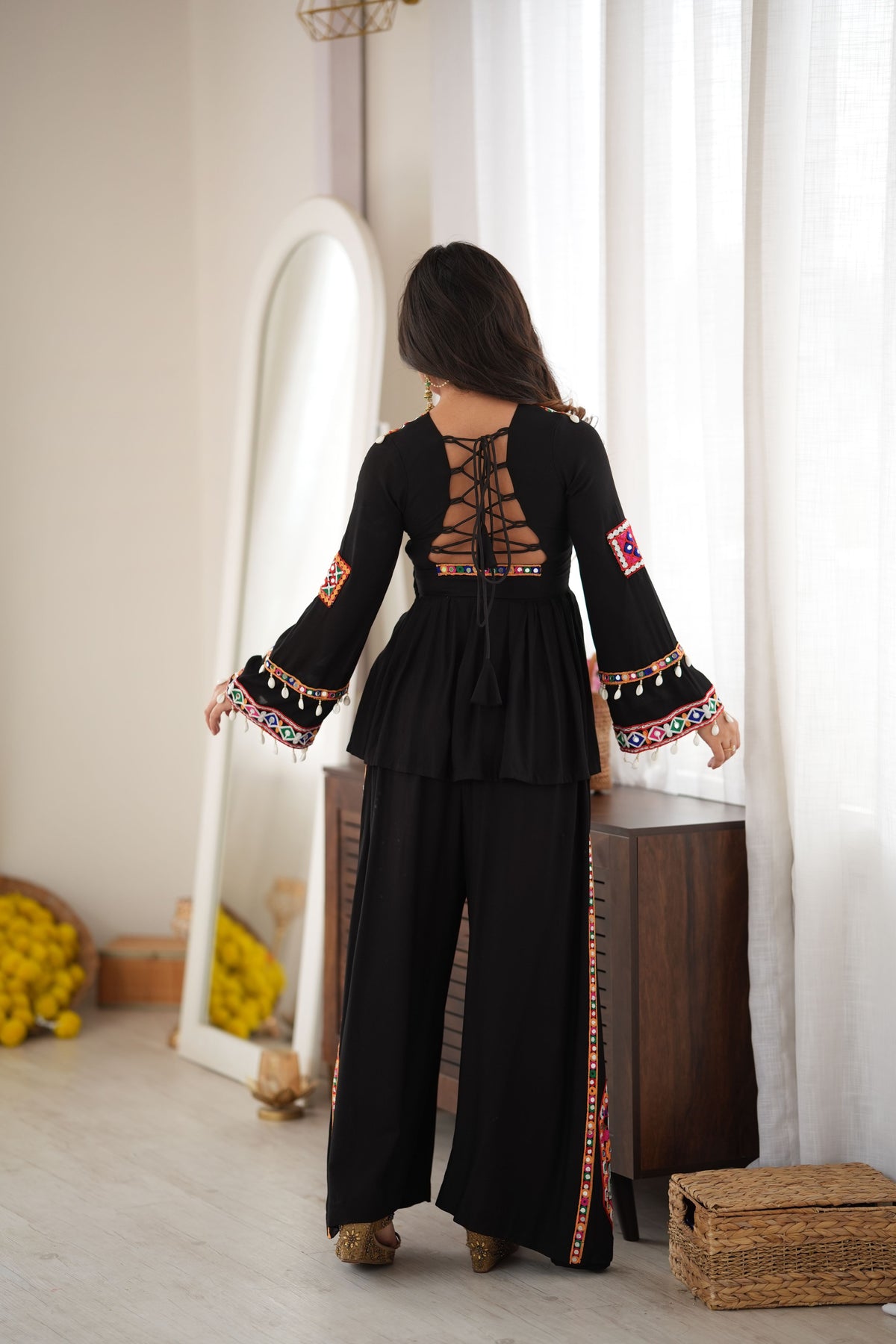 Black Heavy Reyon Silk Embroidered Peplum Top With Plazo Set