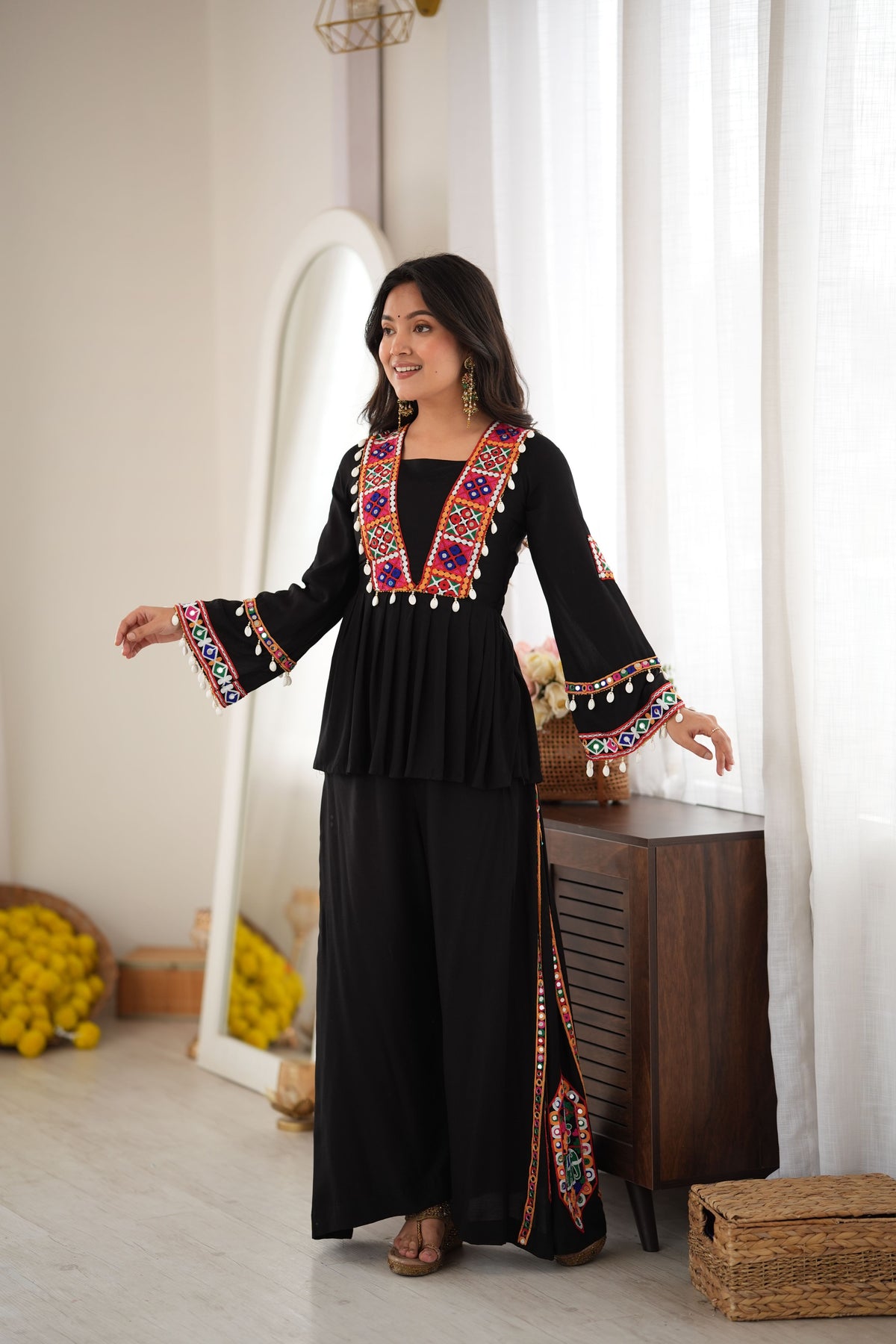 Black Heavy Reyon Silk Embroidered Peplum Top With Plazo Set