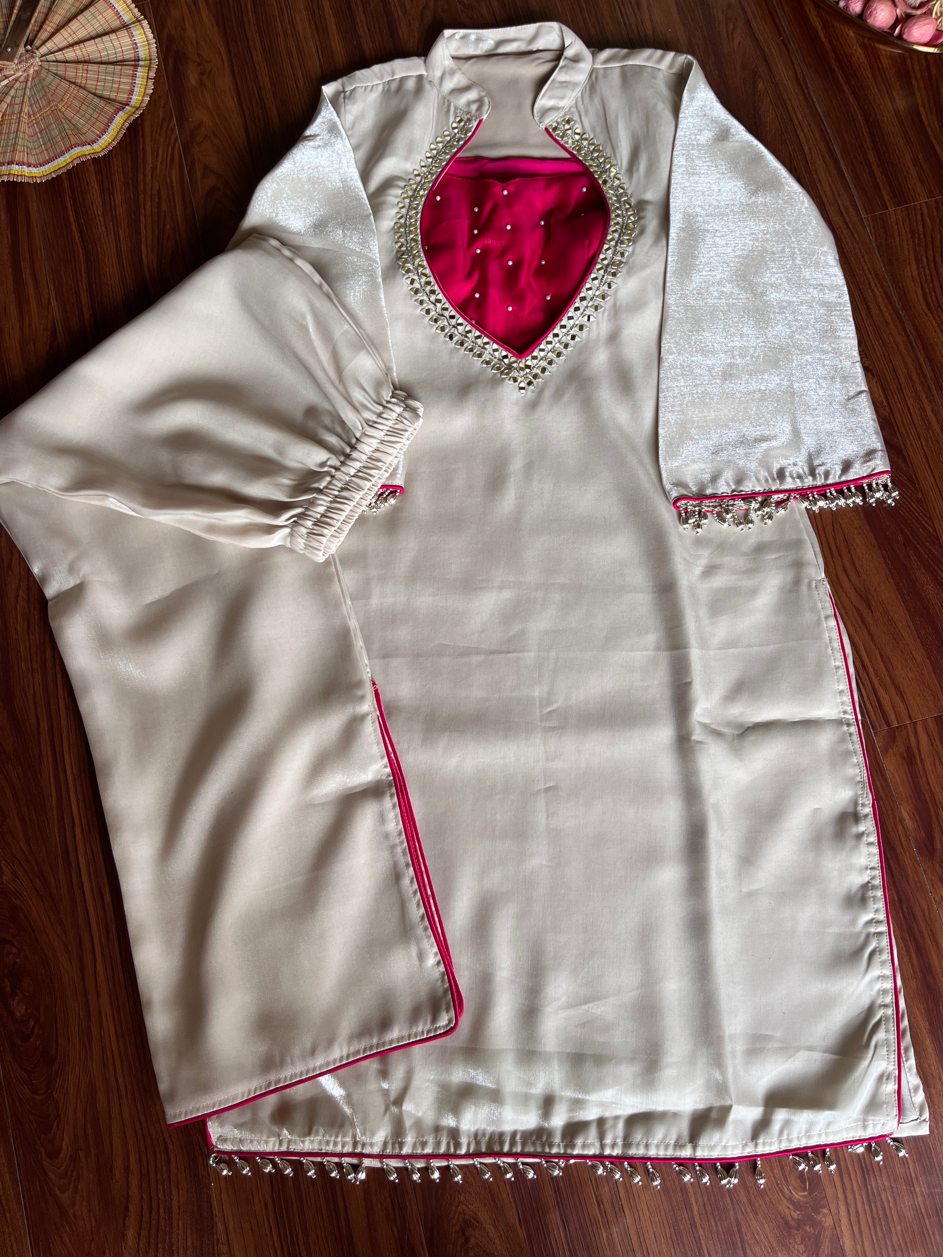 Ivory Pearl & Hot Pink Roman Glass Silk Mirror Work Kurti Palazzo Set