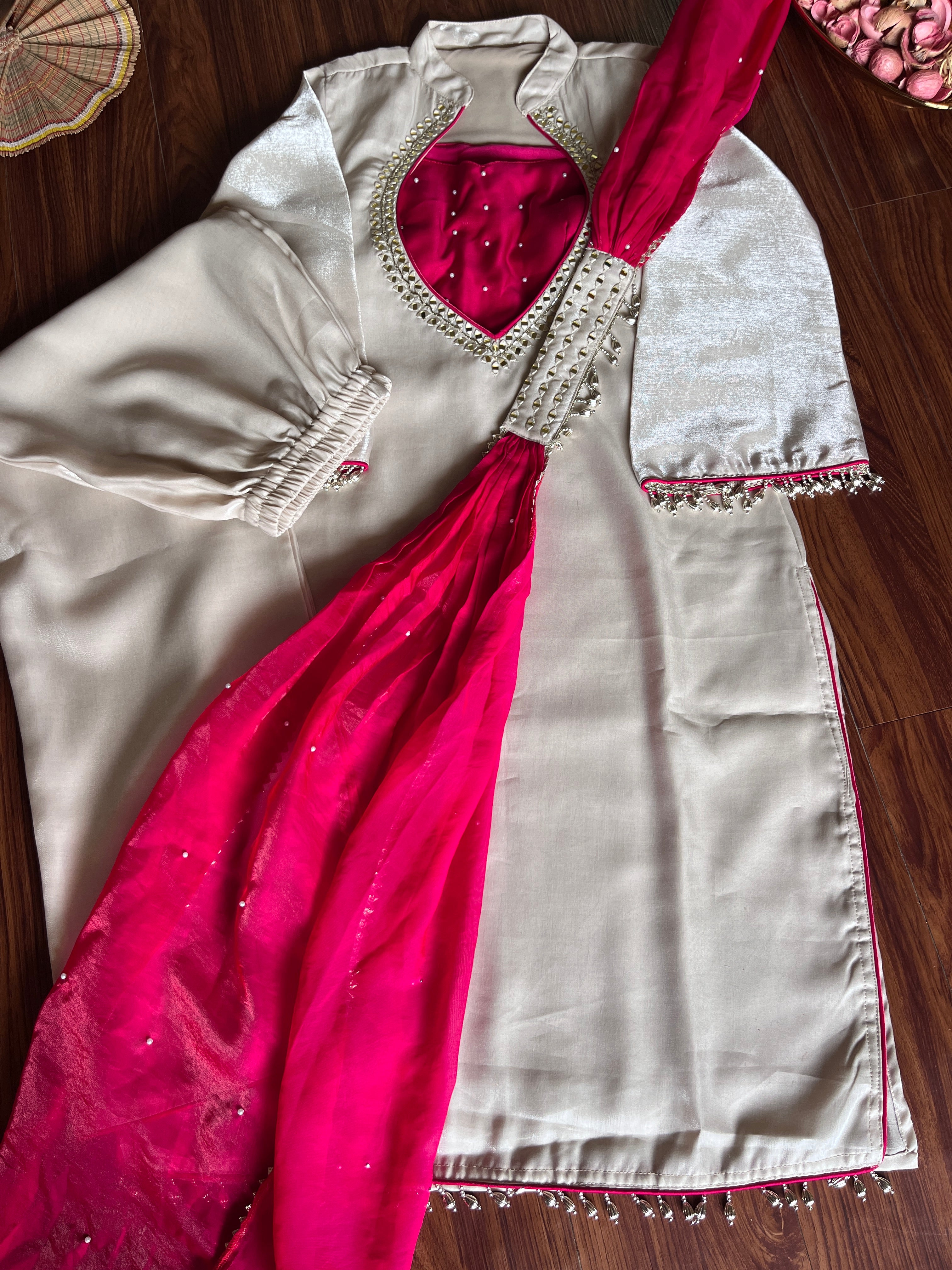 Ivory Pearl & Hot Pink Roman Glass Silk Mirror Work Kurti Palazzo Set