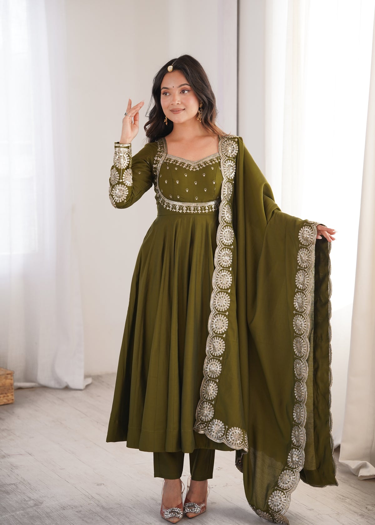 Olive Green Roman Silk Embroidered Anarkali Gown Set with Chanderi Dupatta