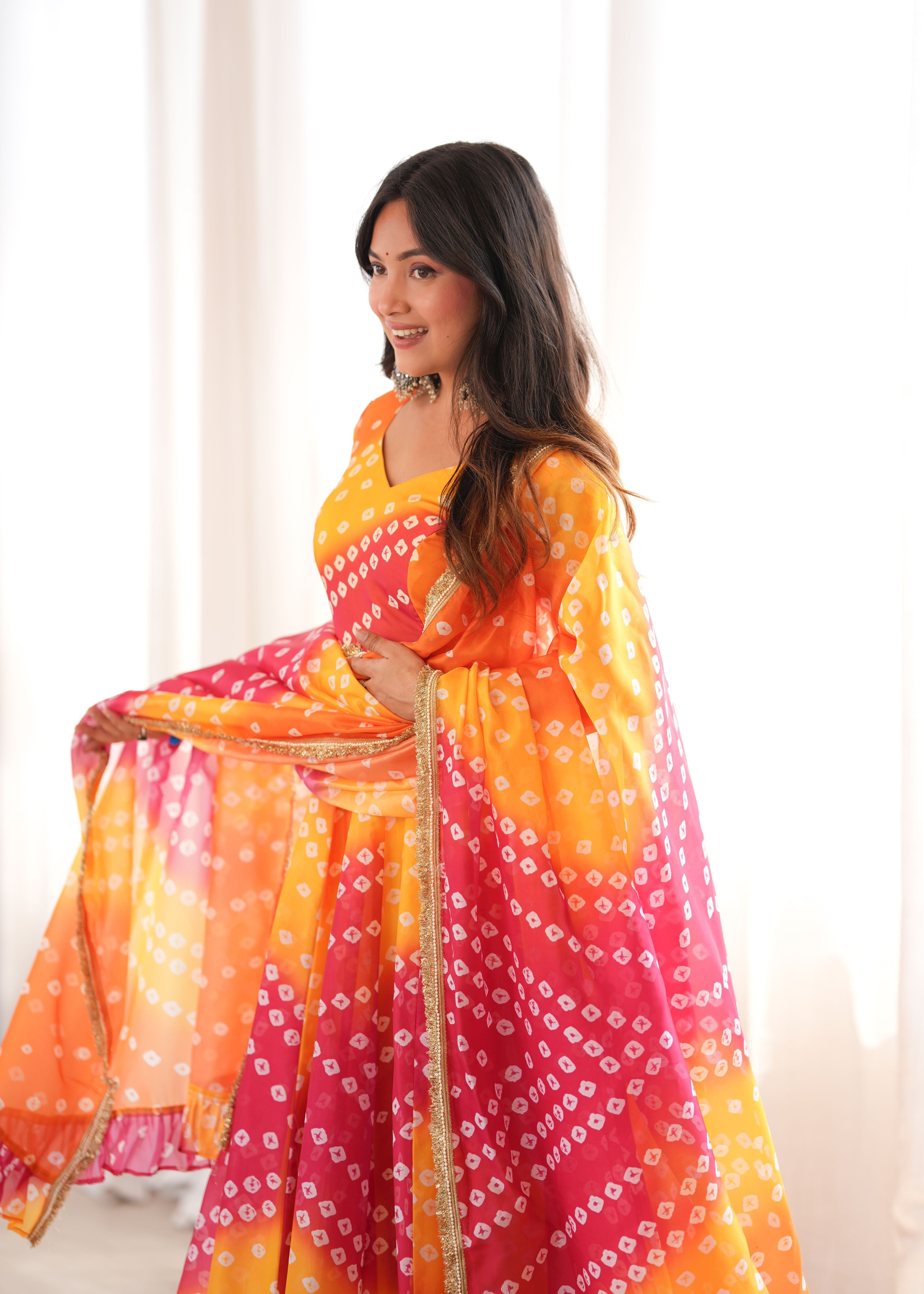 Sunset Orange Bandhani Printed Organza Anarkali Gown Set with Dupatta & Pant