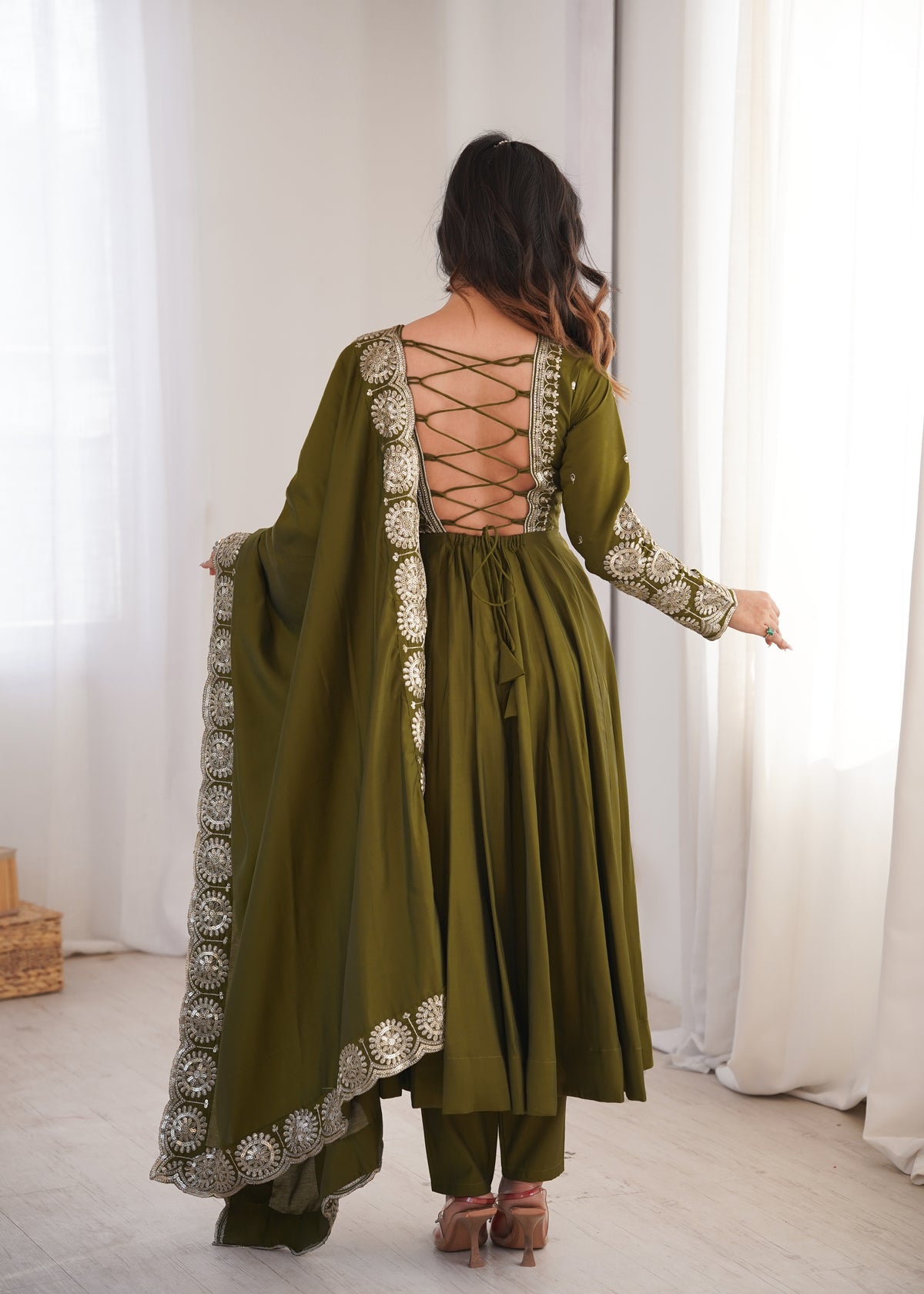 Olive Green Roman Silk Embroidered Anarkali Gown Set with Chanderi Dupatta