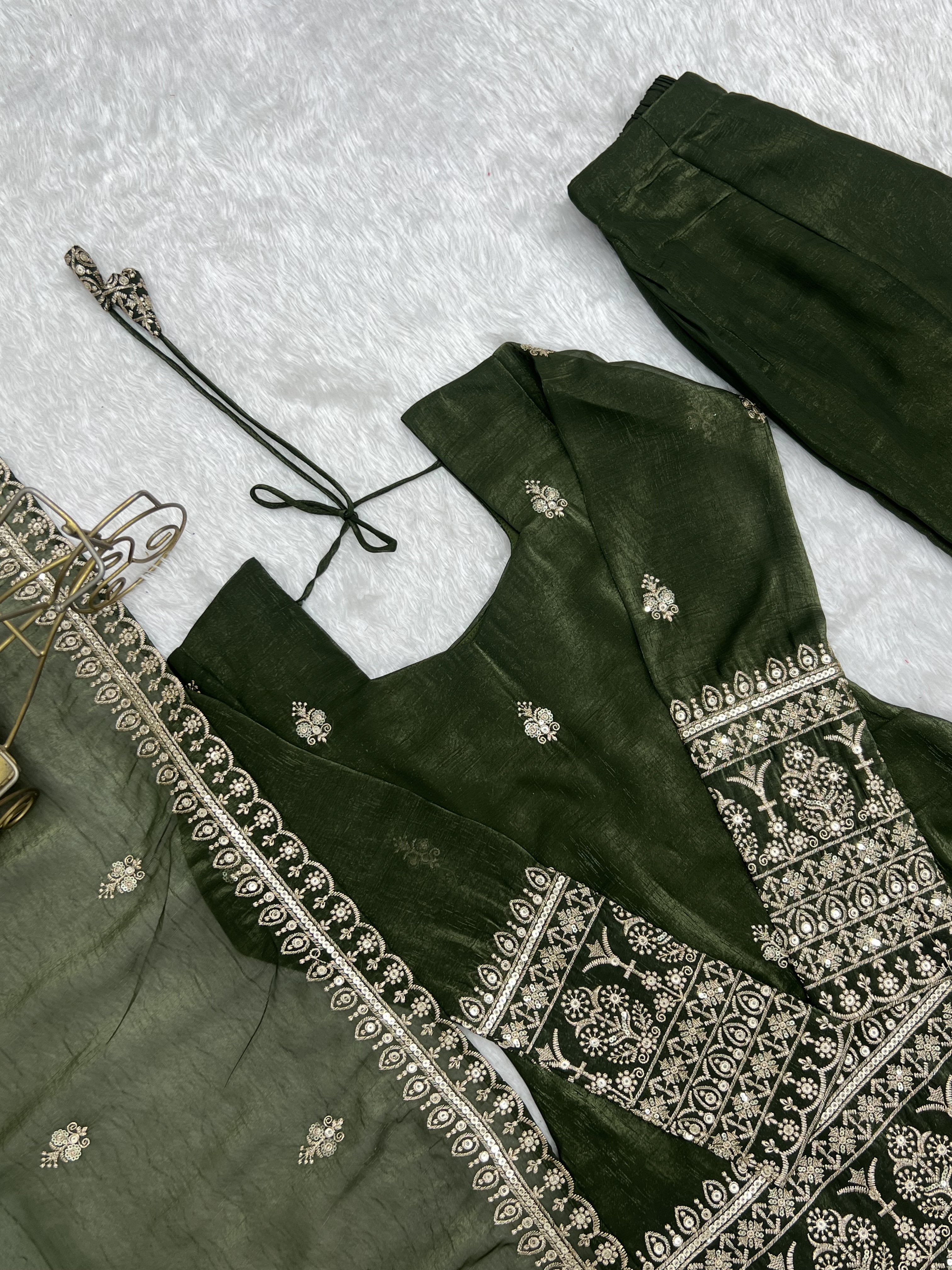 Mehendi Green Crunchy Silk Embroidered Kurta Set with Bell Bottom Pant & Dupatta