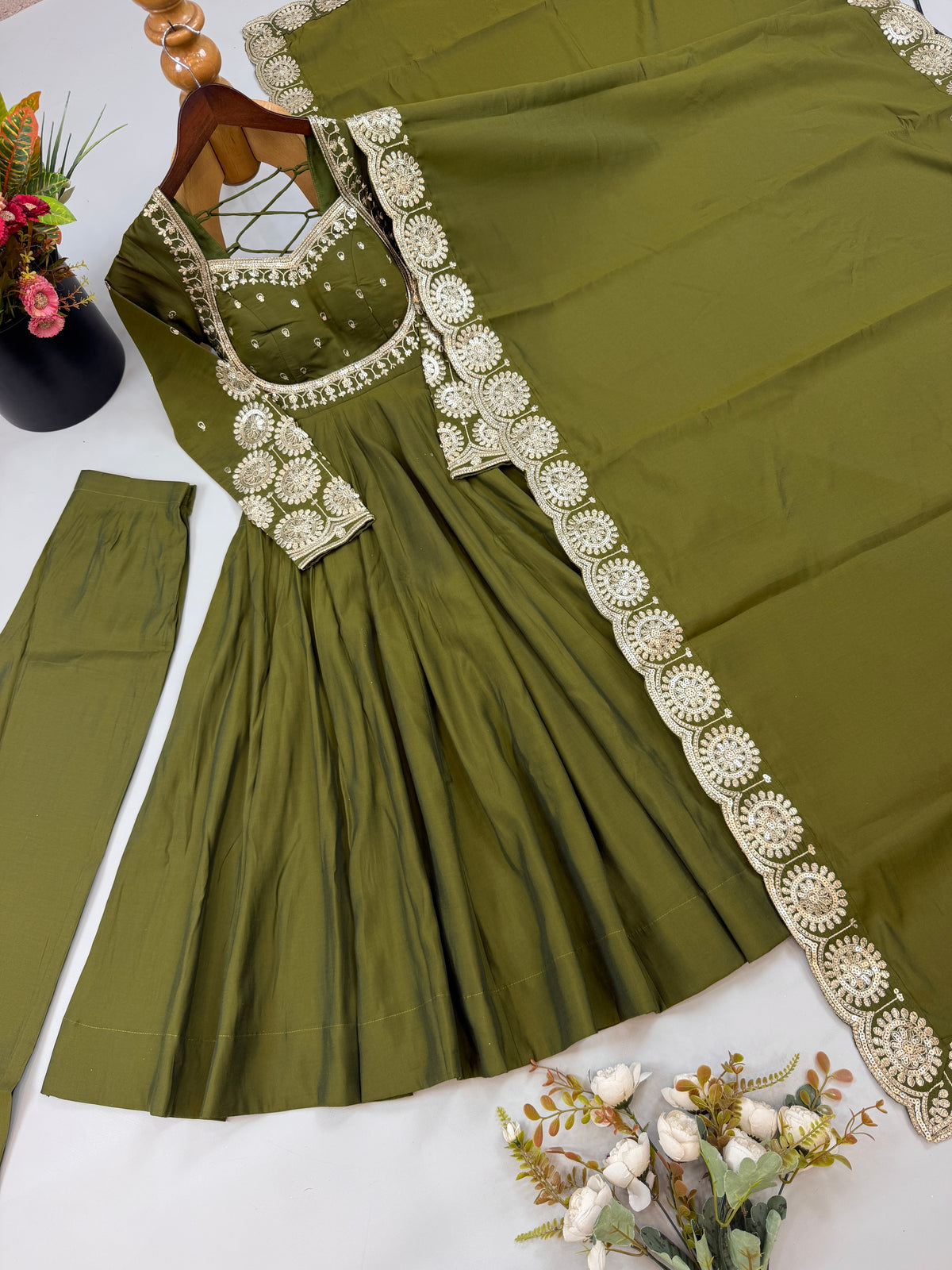 Olive Green Roman Silk Embroidered Anarkali Gown Set with Chanderi Dupatta