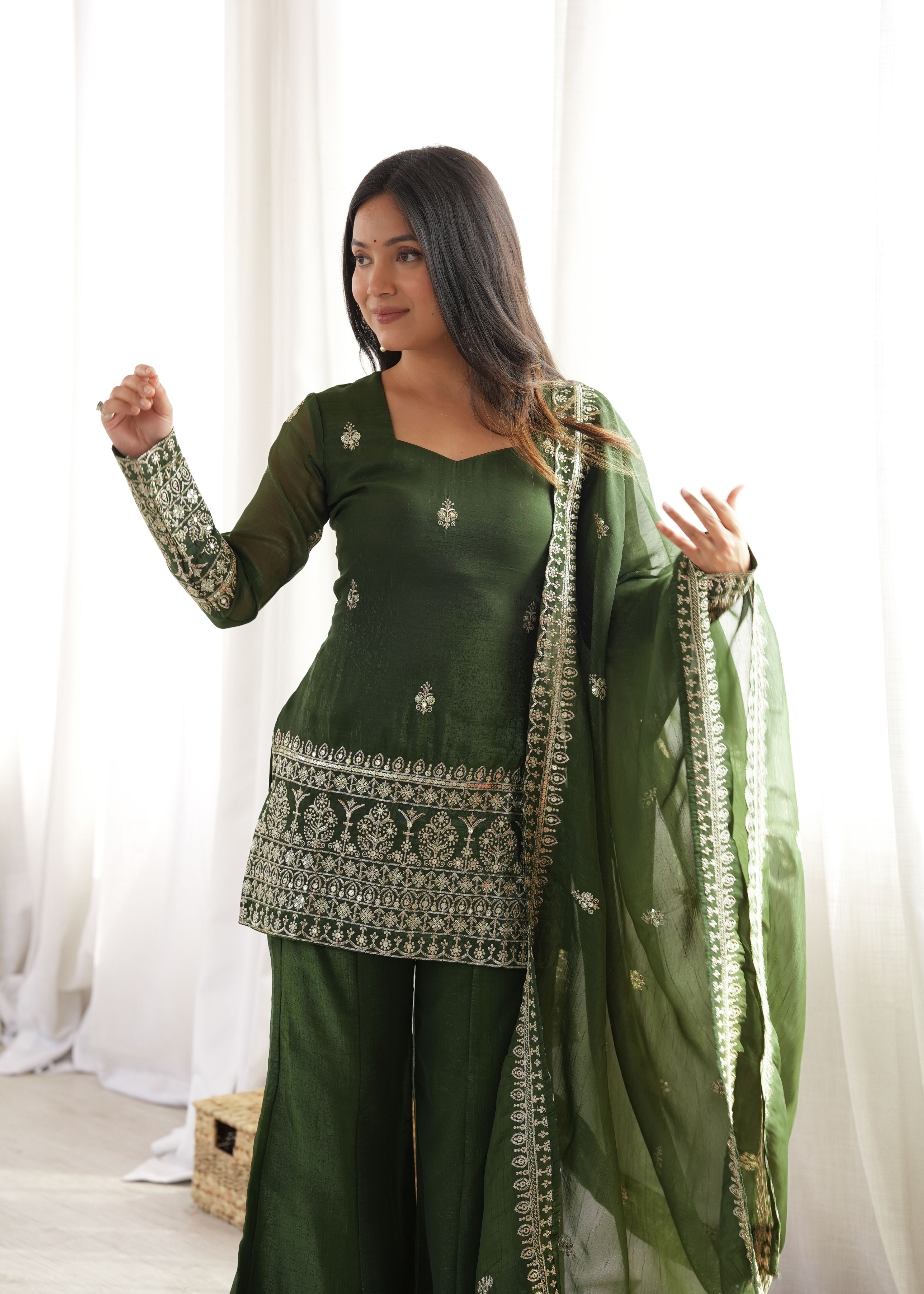 Mehendi Green Crunchy Silk Embroidered Kurta Set with Bell Bottom Pant & Dupatta