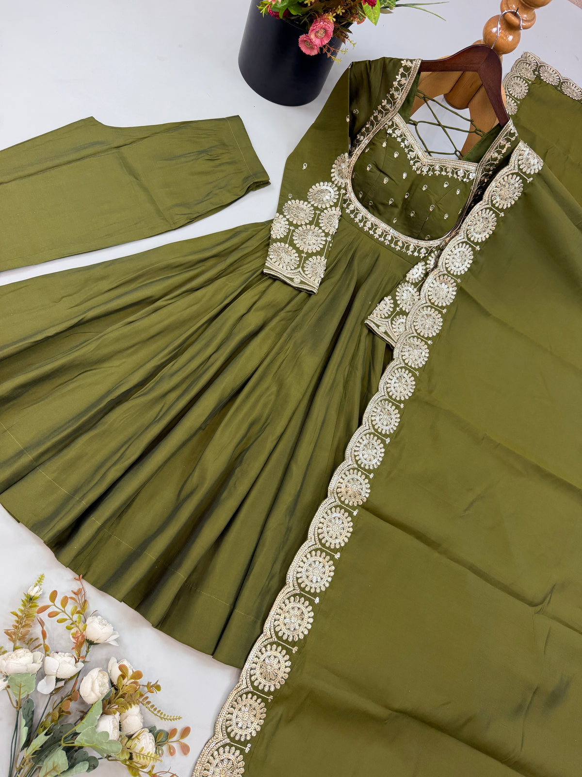 Olive Green Roman Silk Embroidered Anarkali Gown Set with Chanderi Dupatta