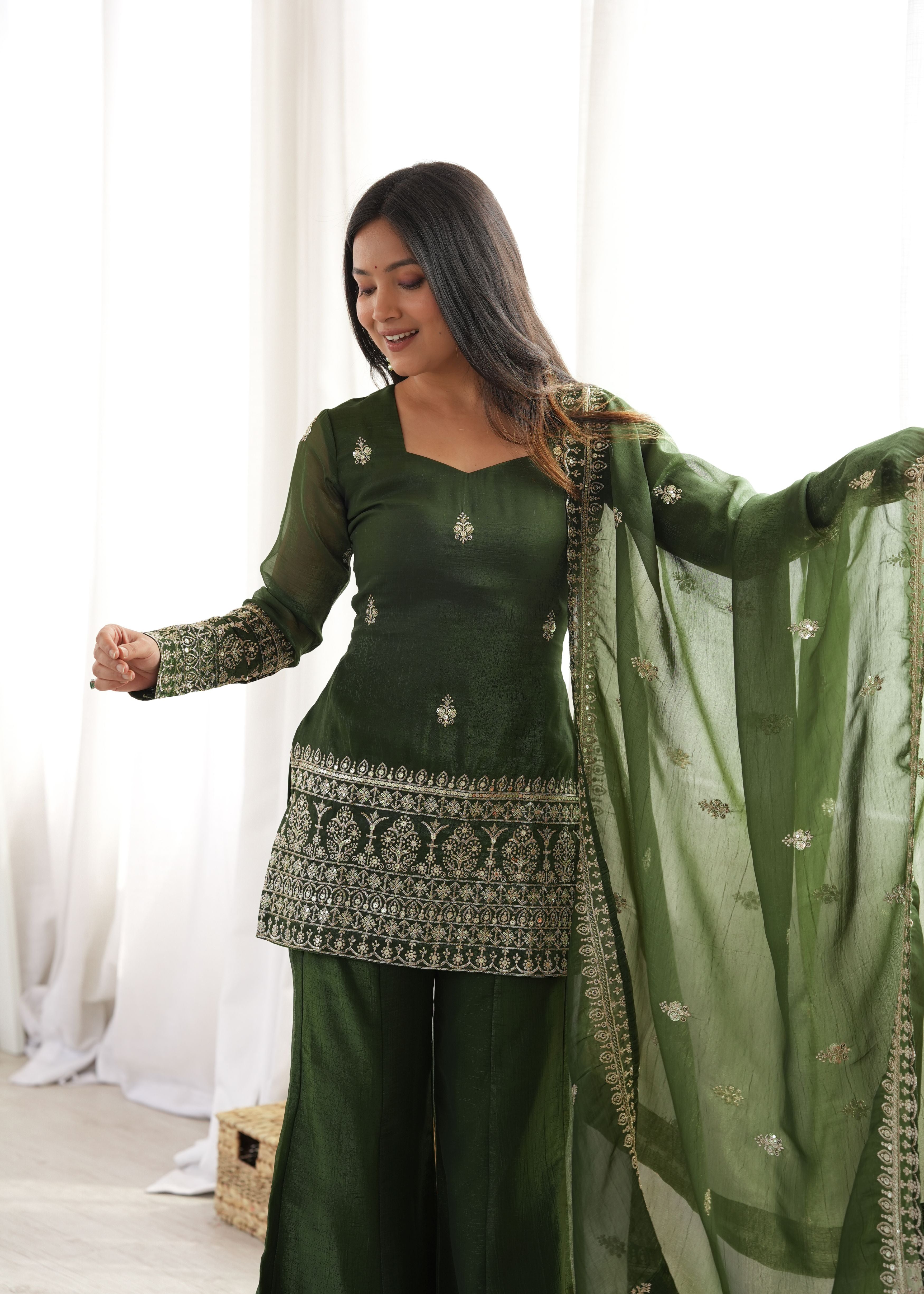 Mehendi Green Crunchy Silk Embroidered Kurta Set with Bell Bottom Pant & Dupatta