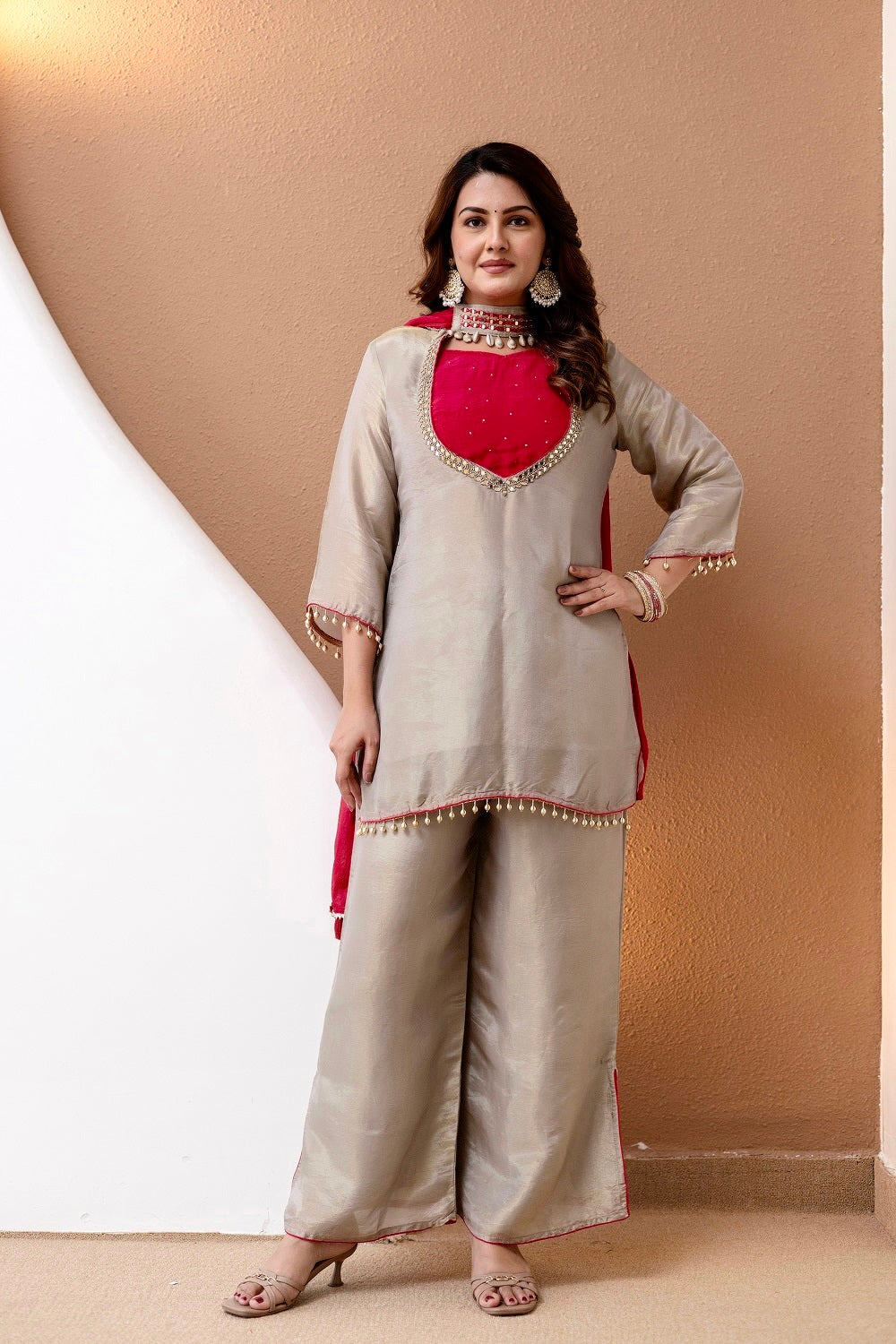 Ivory Pearl & Hot Pink Roman Glass Silk Mirror Work Kurti Palazzo Set