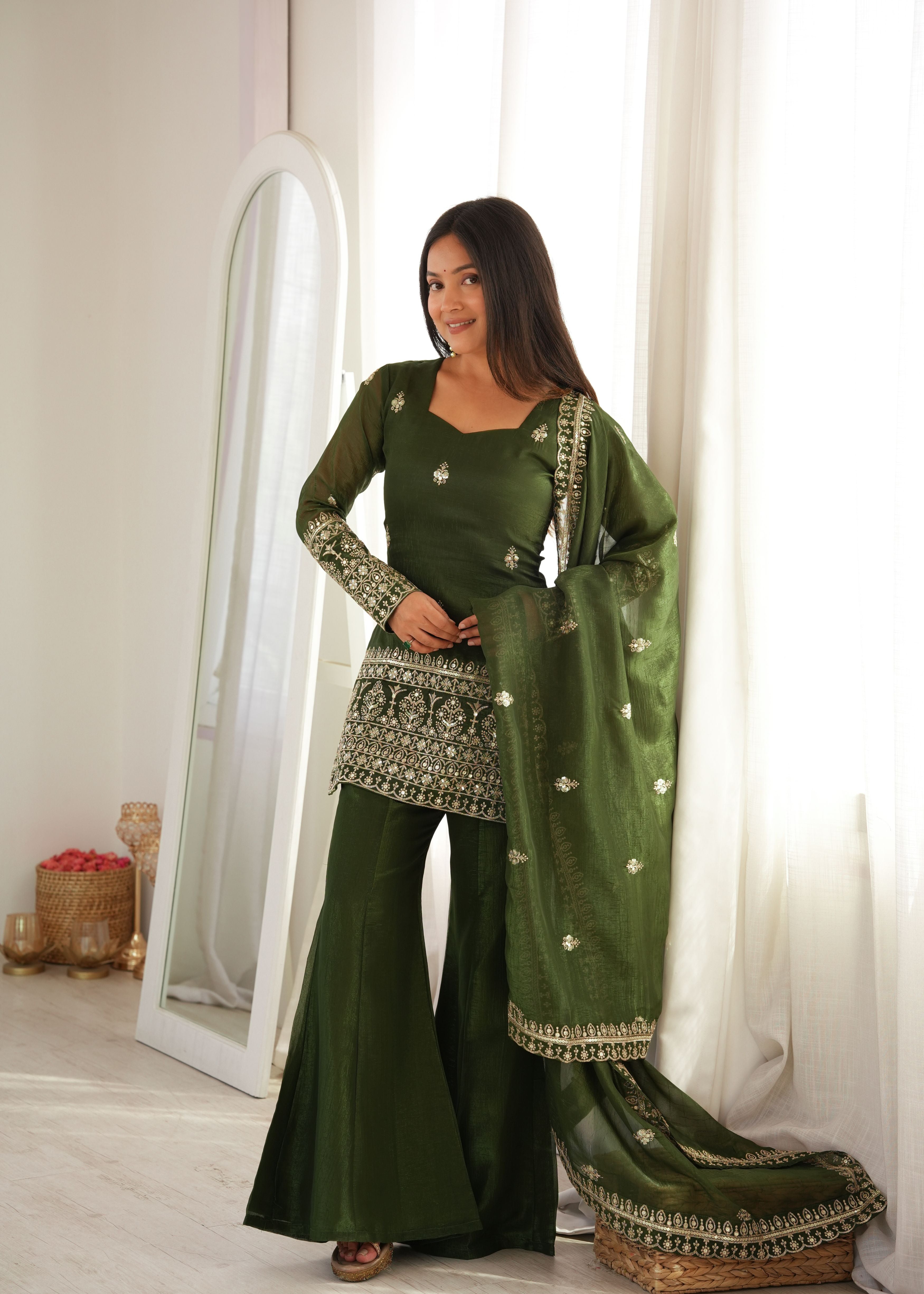 Mehendi Green Crunchy Silk Embroidered Kurta Set with Bell Bottom Pant & Dupatta