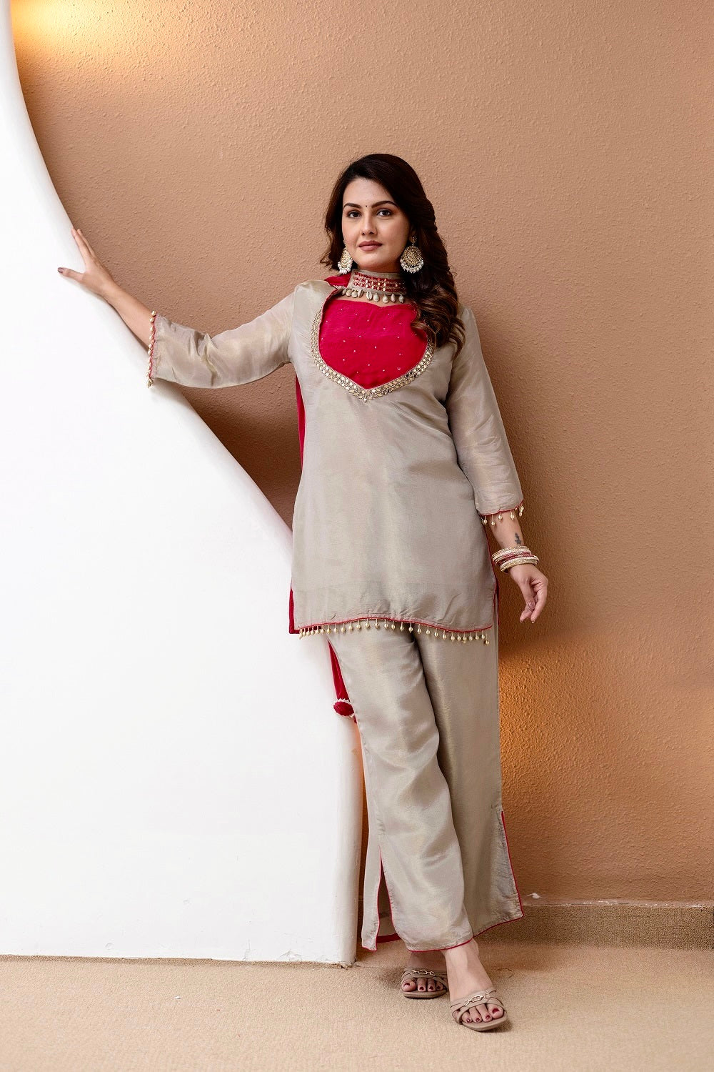 Ivory Pearl & Hot Pink Roman Glass Silk Mirror Work Kurti Palazzo Set