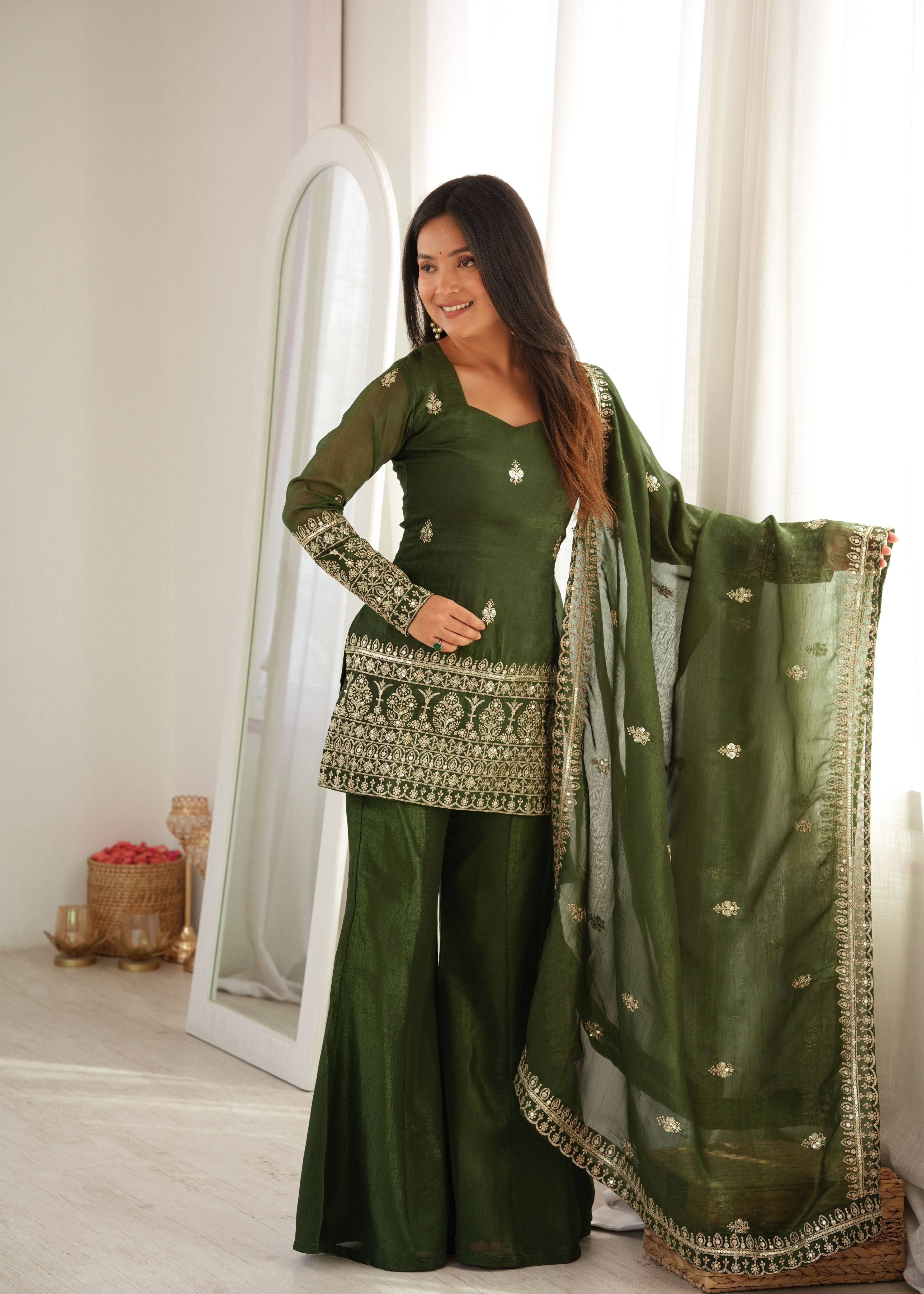 Mehendi Green Crunchy Silk Embroidered Kurta Set with Bell Bottom Pant & Dupatta