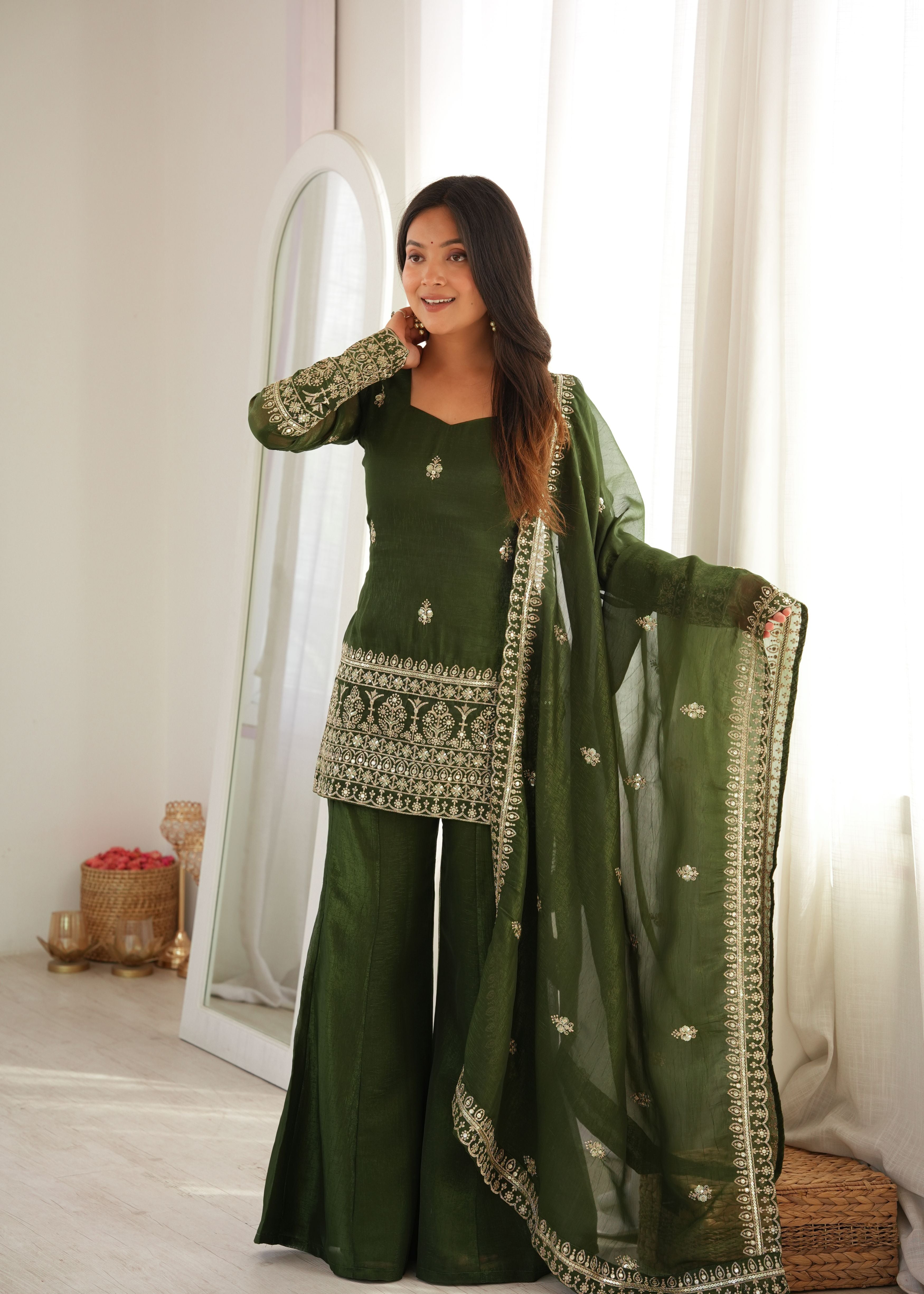 Mehendi Green Crunchy Silk Embroidered Kurta Set with Bell Bottom Pant & Dupatta