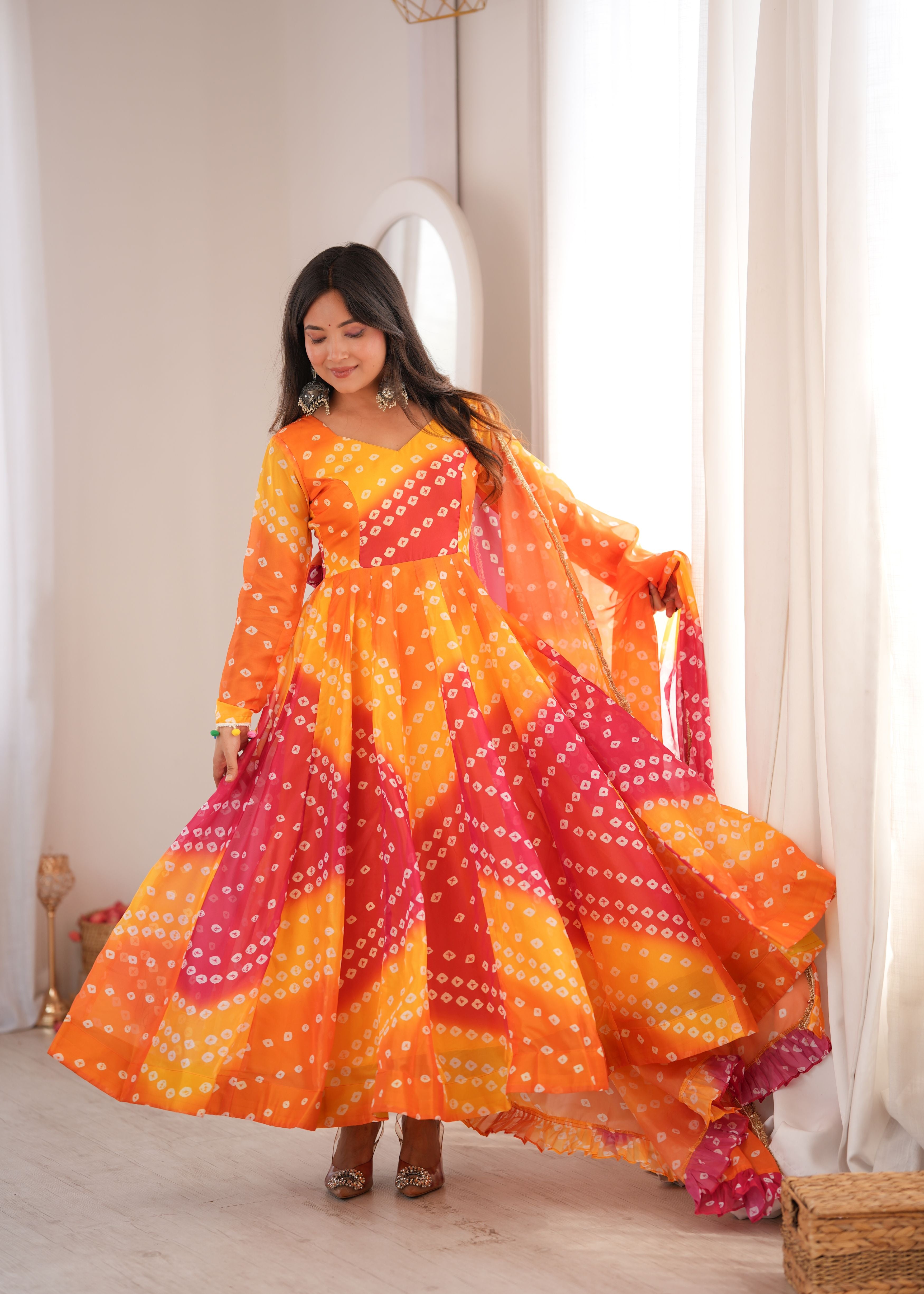 Sunset Orange Bandhani Printed Organza Anarkali Gown Set with Dupatta & Pant