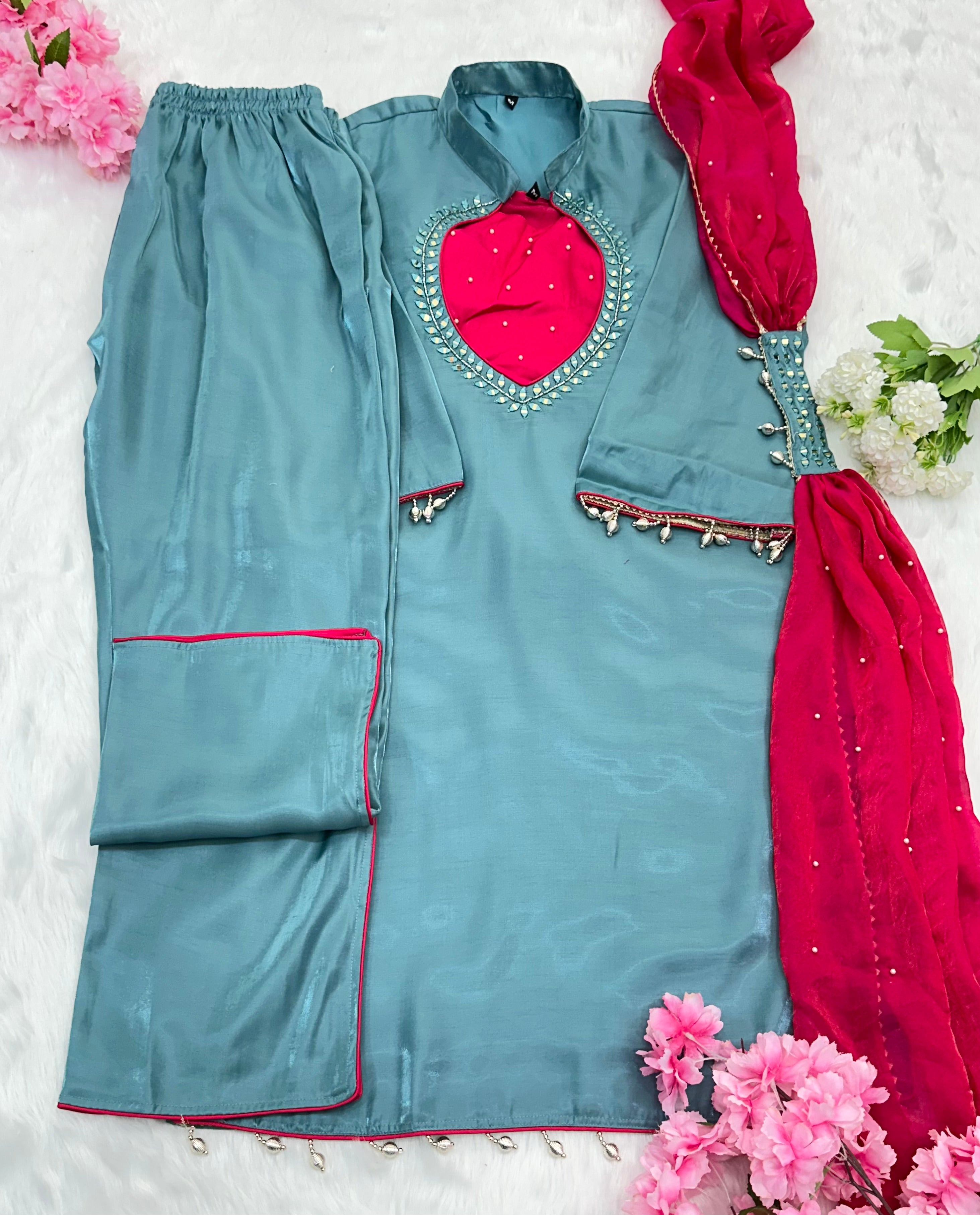 Teal Blue & Rani Pink Roman Glass Silk Mirror Work Kurti Palazzo Set