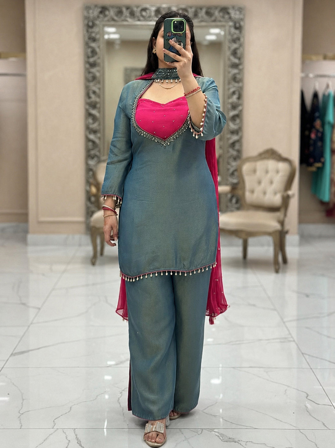 Teal Blue & Rani Pink Roman Glass Silk Mirror Work Kurti Palazzo Set