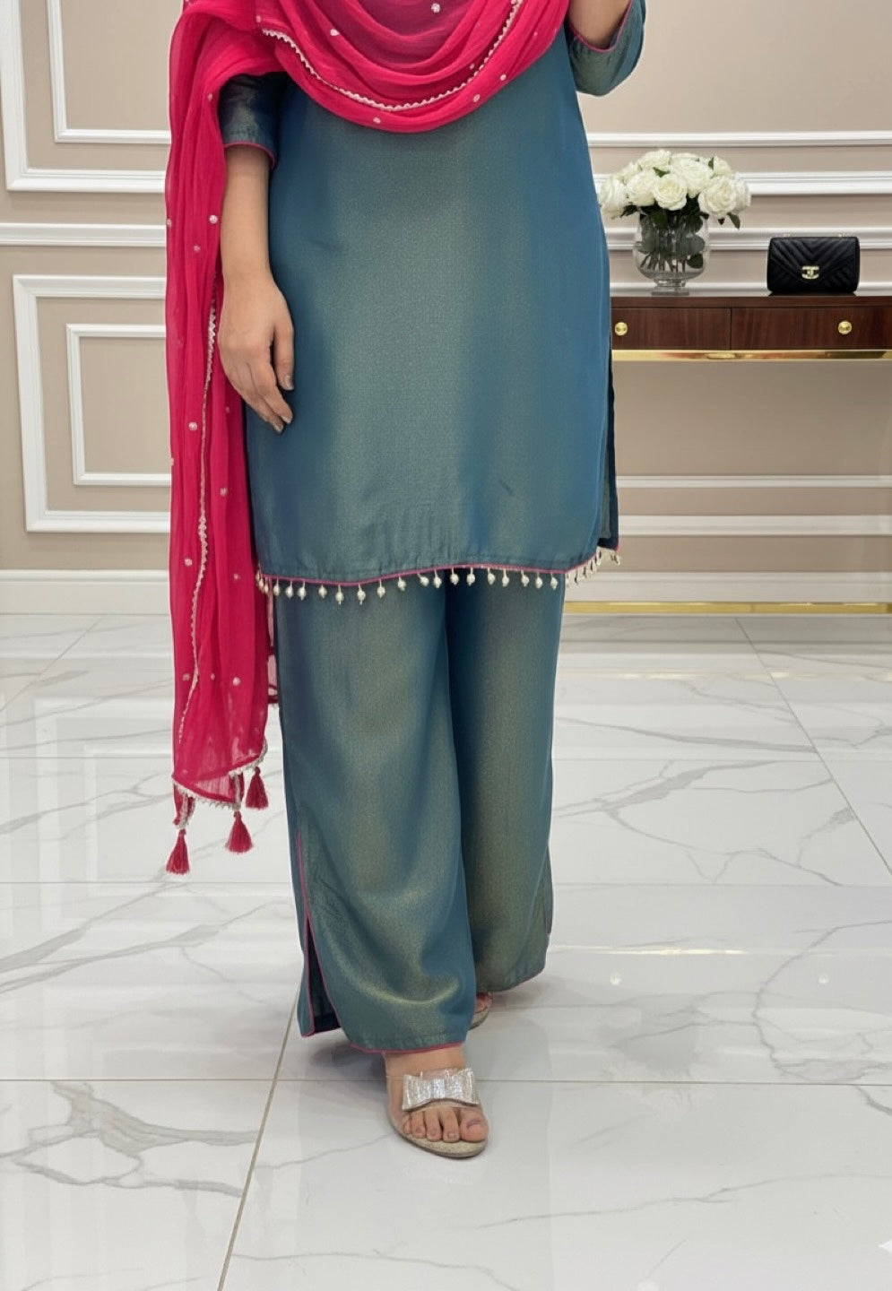 Teal Blue & Rani Pink Roman Glass Silk Mirror Work Kurti Palazzo Set