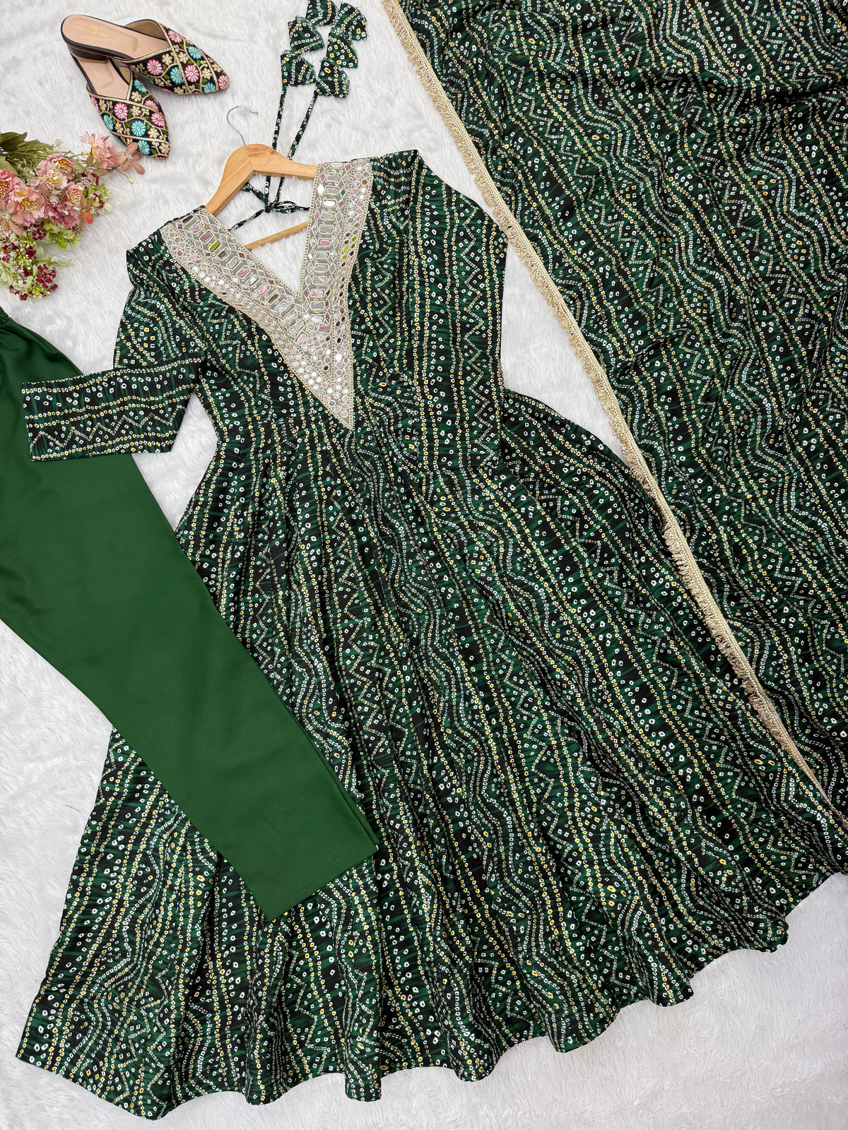 Bottle Green Rayon Mirror Embroidered Anarkali Gown Set with Dupatta