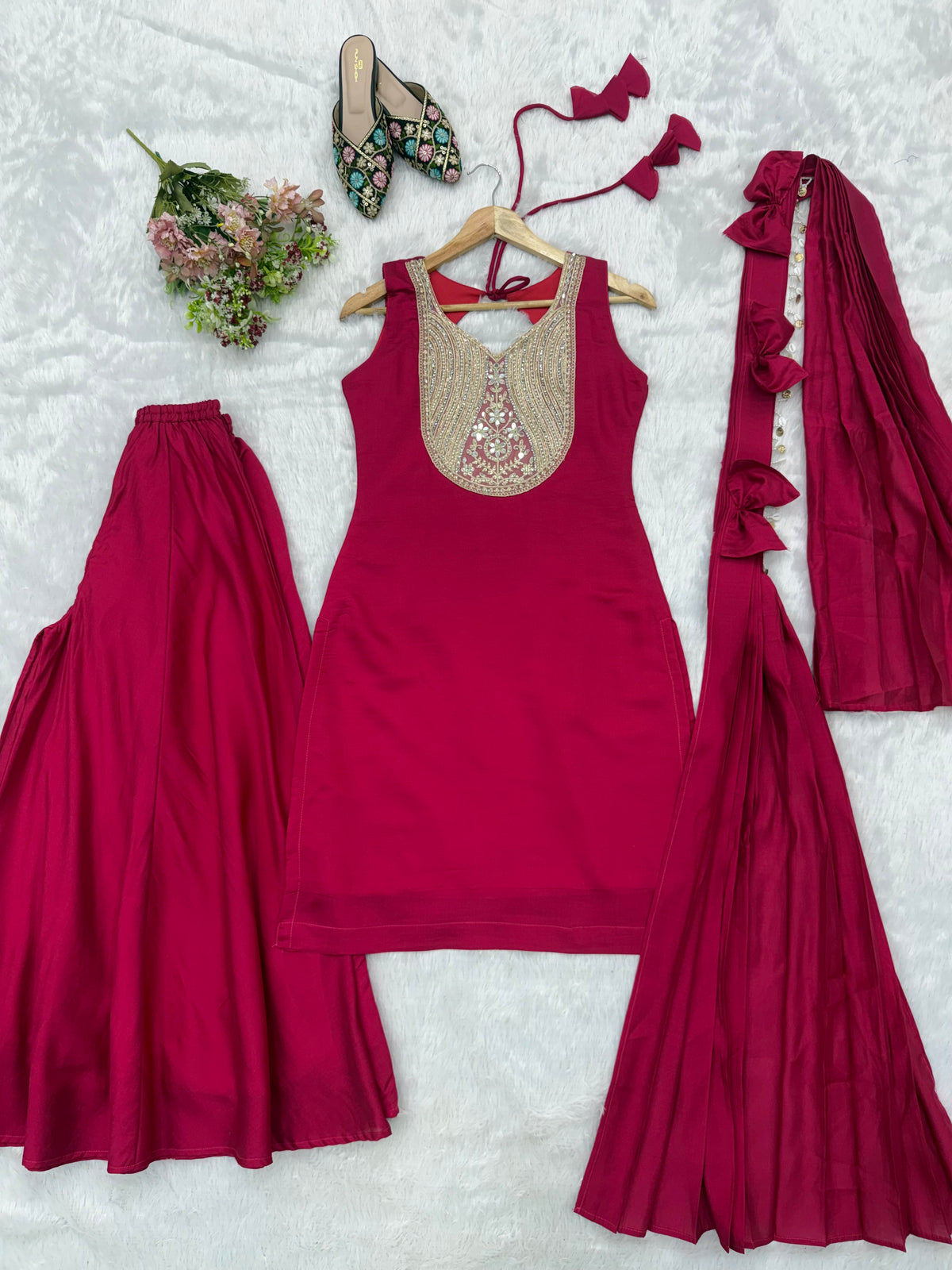 Wine Magenta Roman Silk Mirror Work Kurta Palazzo Set with Bow Dupatta