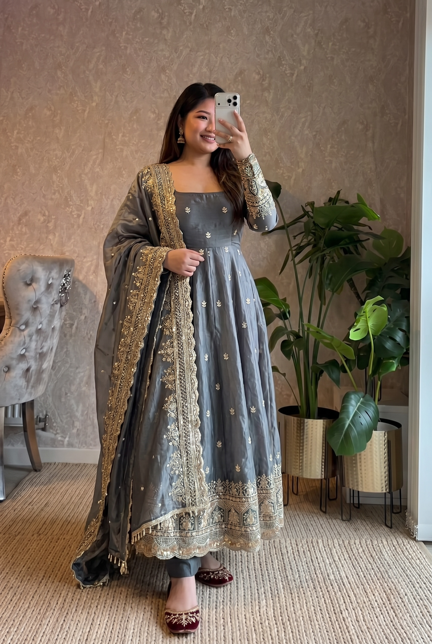 Steel Grey Embroidered Anarkali Suit Set for Women | Heavy Zari & Sequins Work with Dupatta