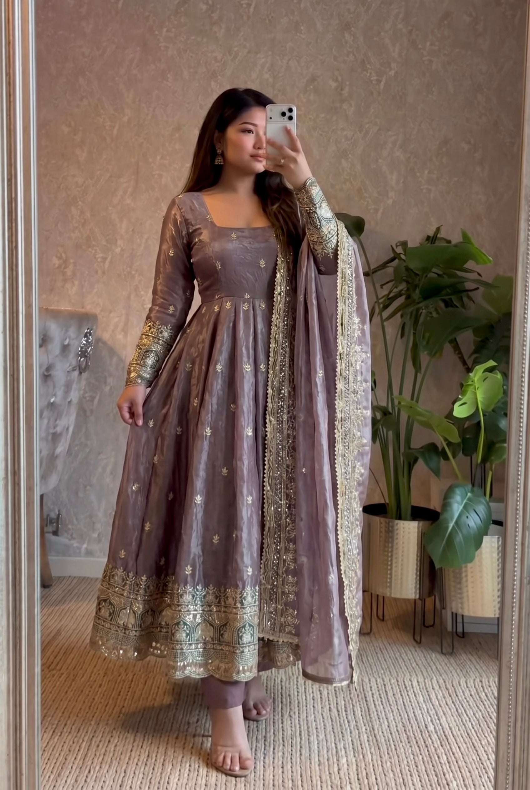 Dusty Mauve Embroidered Anarkali Suit Set for Women | Heavy Zari & Sequins Work with Dupatta