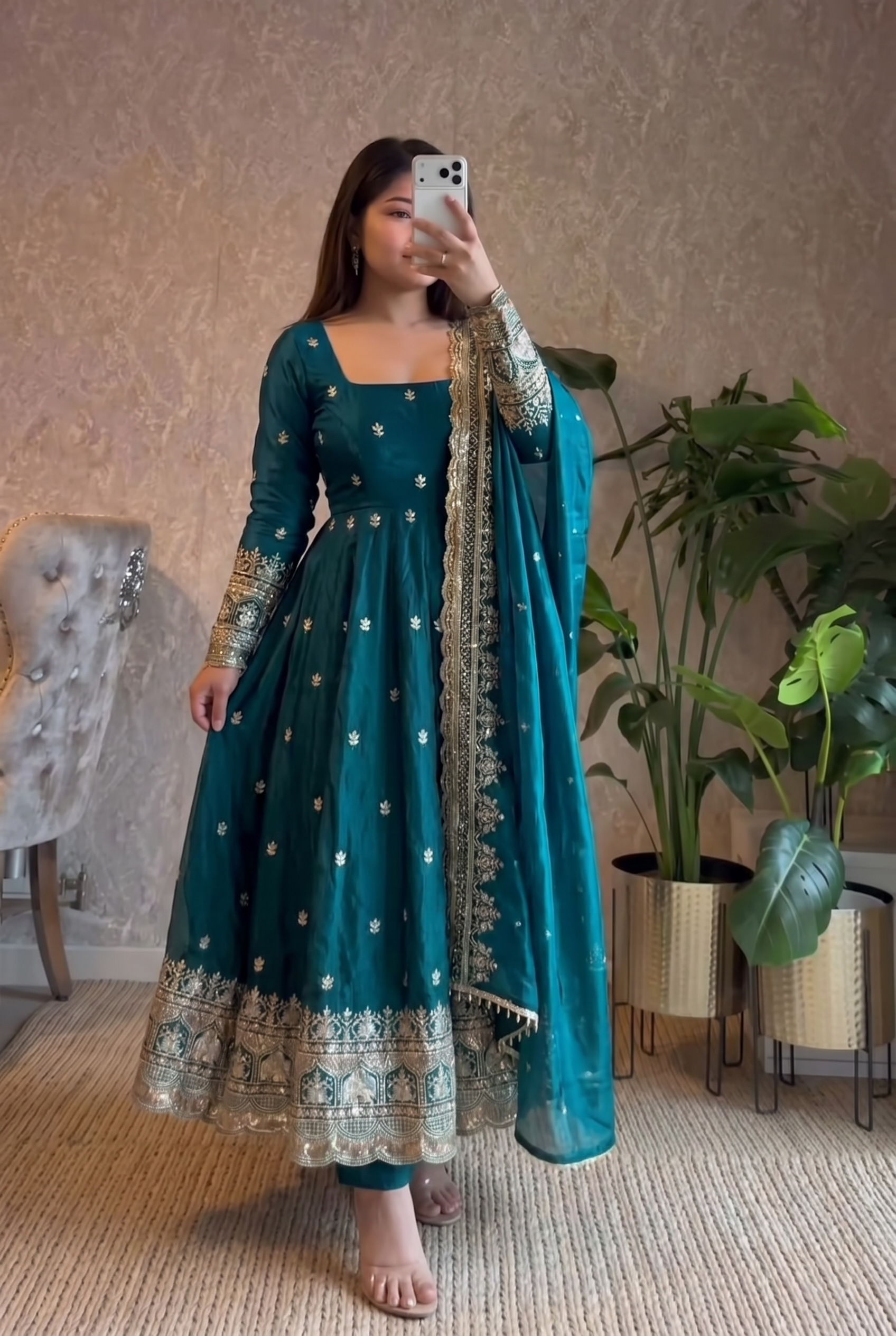Peacock Blue Embroidered Anarkali Suit Set for Women | Heavy Zari & Sequins Work with Dupatta