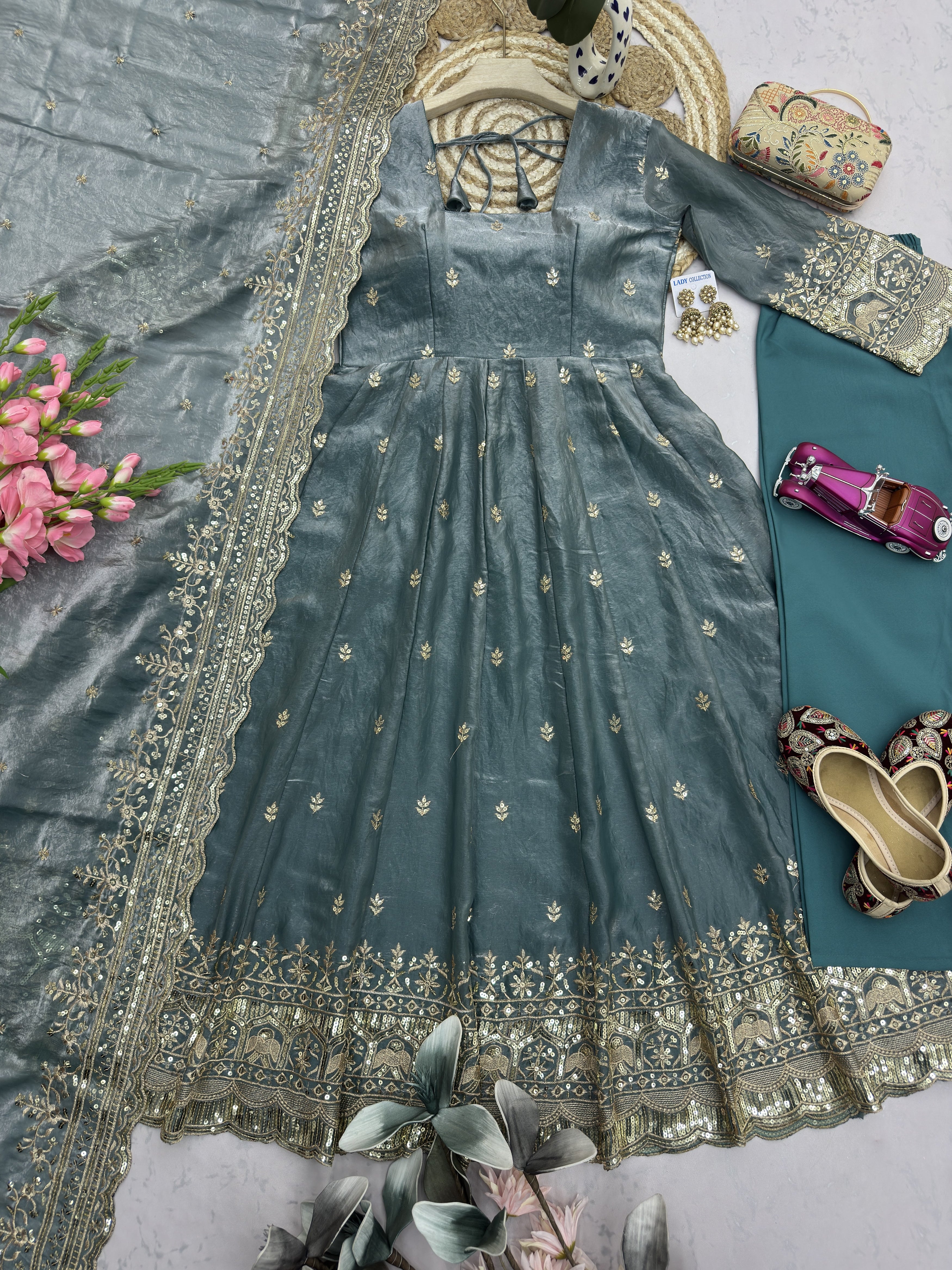 Sage Green Embroidered Anarkali Suit Set for Women | Heavy Zari & Sequins Work with Dupatta