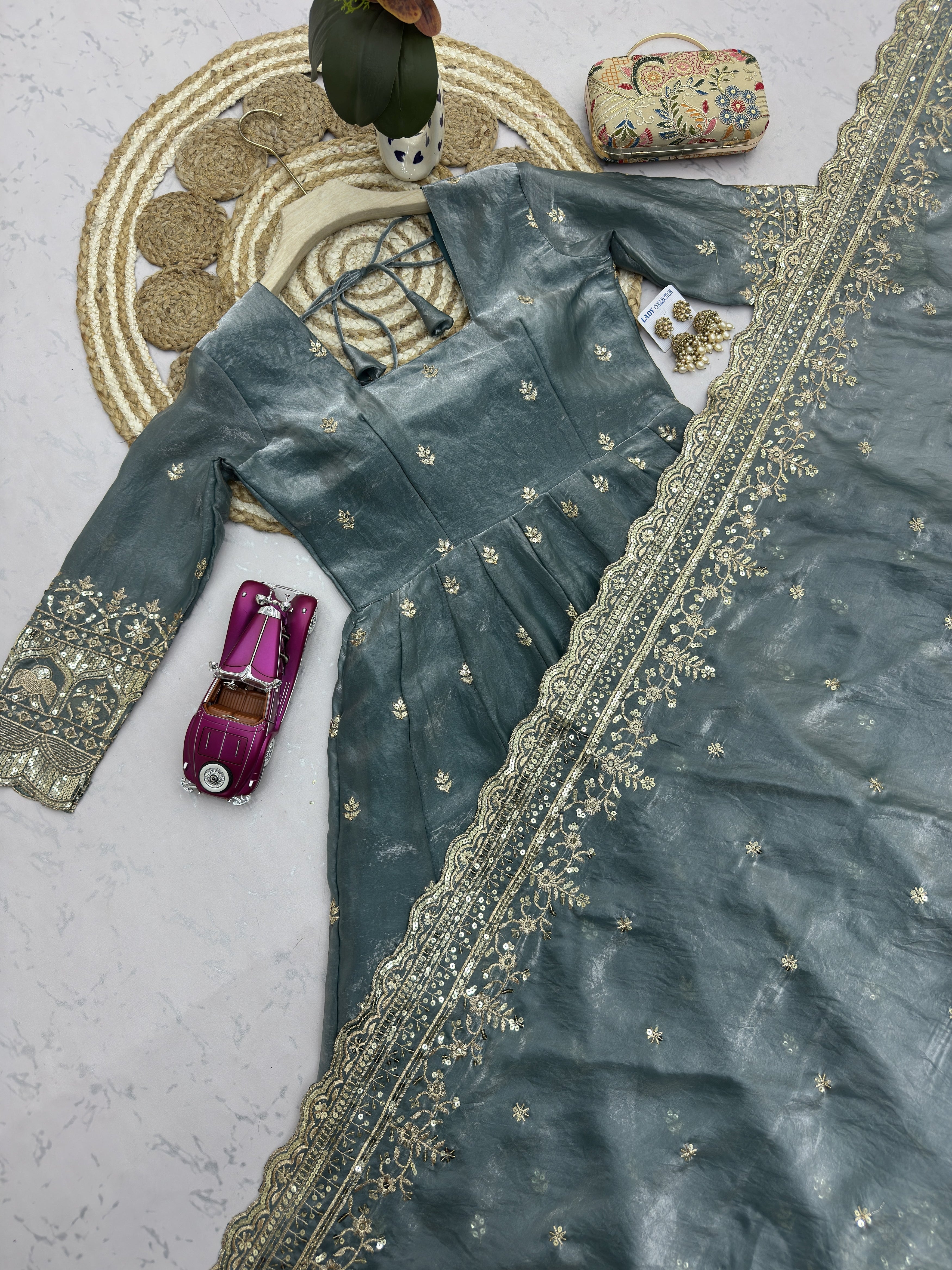 Sage Green Embroidered Anarkali Suit Set for Women | Heavy Zari & Sequins Work with Dupatta