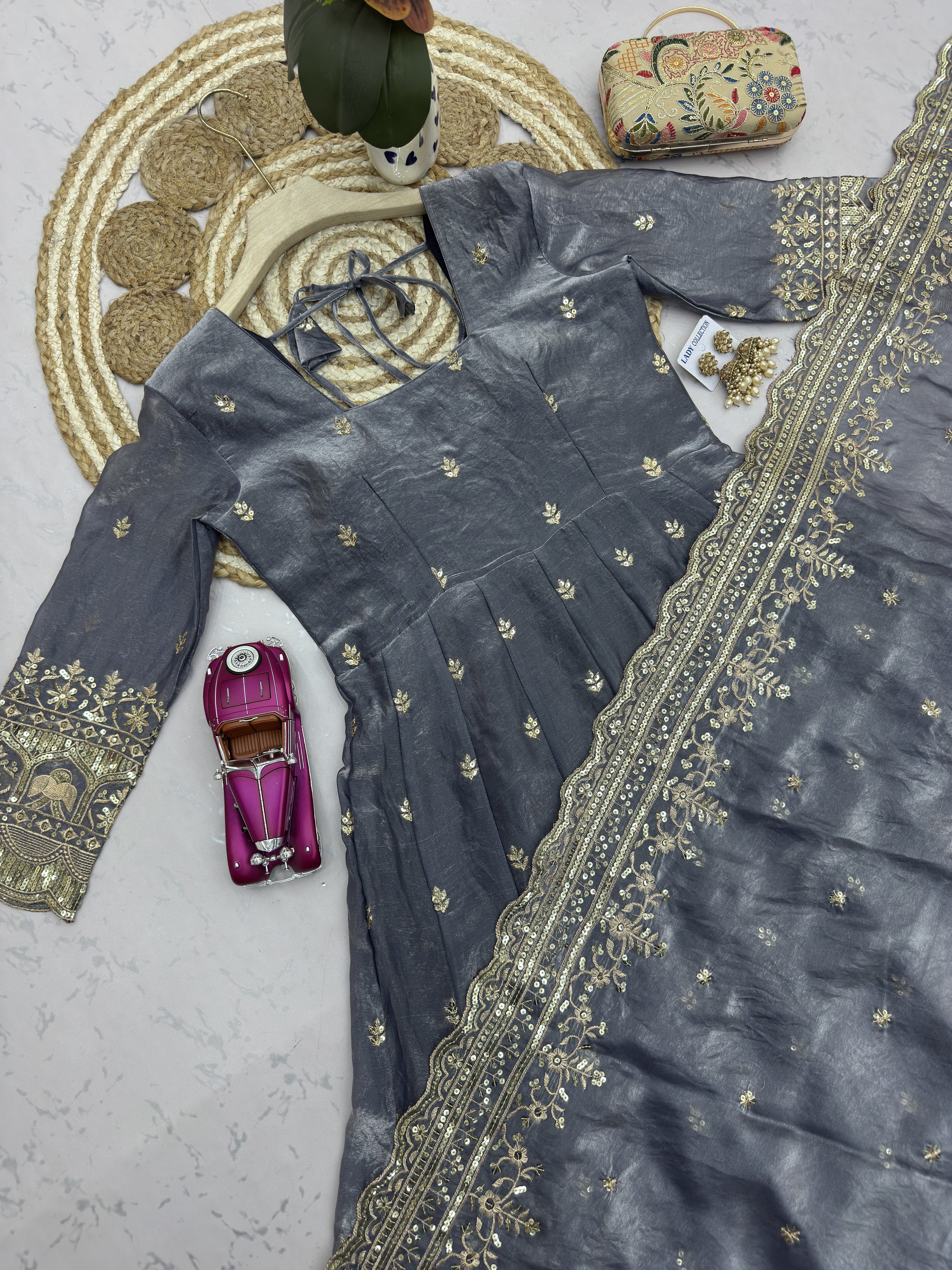 Steel Grey Embroidered Anarkali Suit Set for Women | Heavy Zari & Sequins Work with Dupatta