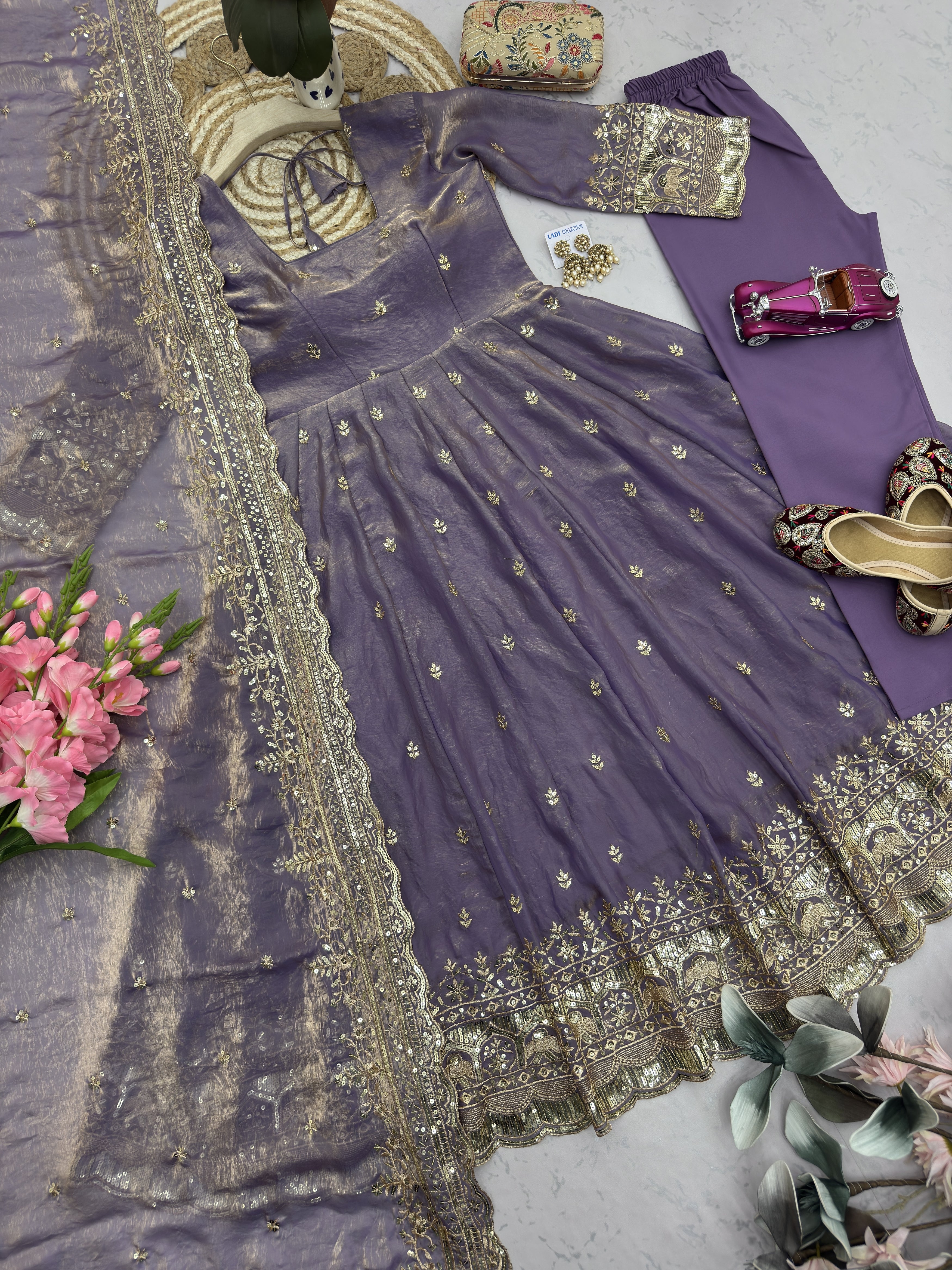 Luxury Dusty Lavender Party Wear Anarkali Gown Set with Embroidered Dupatta