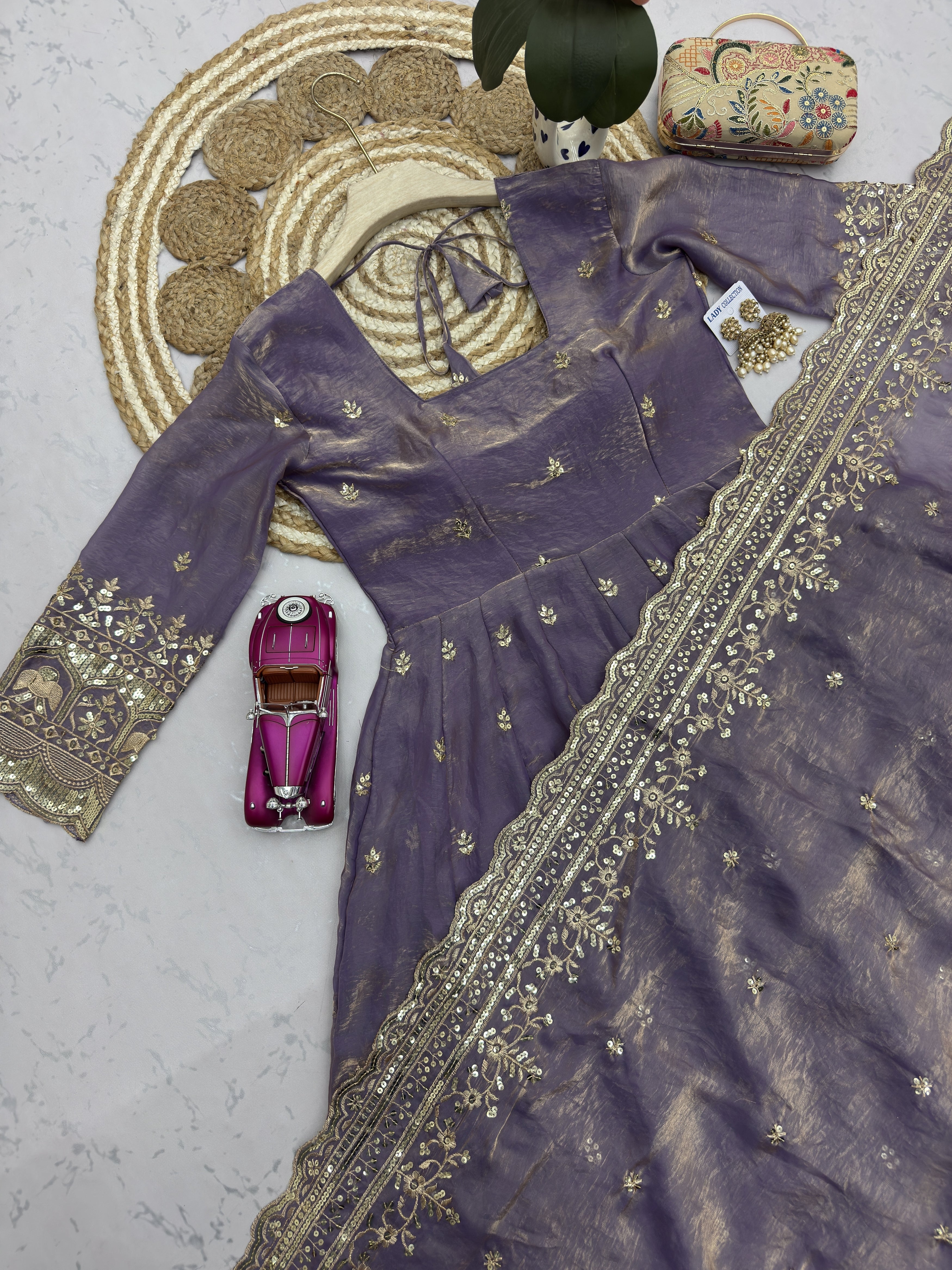 Luxury Dusty Lavender Party Wear Anarkali Gown Set with Embroidered Dupatta