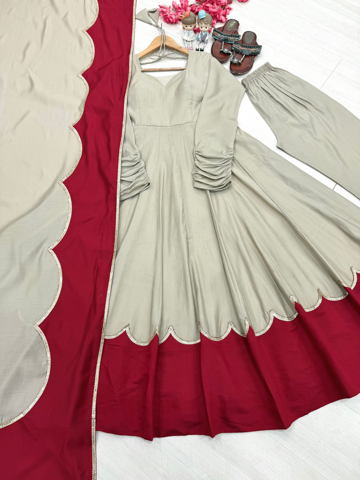 Beige & Wine Red Roman Silk Embroidered Anarkali Gown Set with Palazzo & Dupatta
