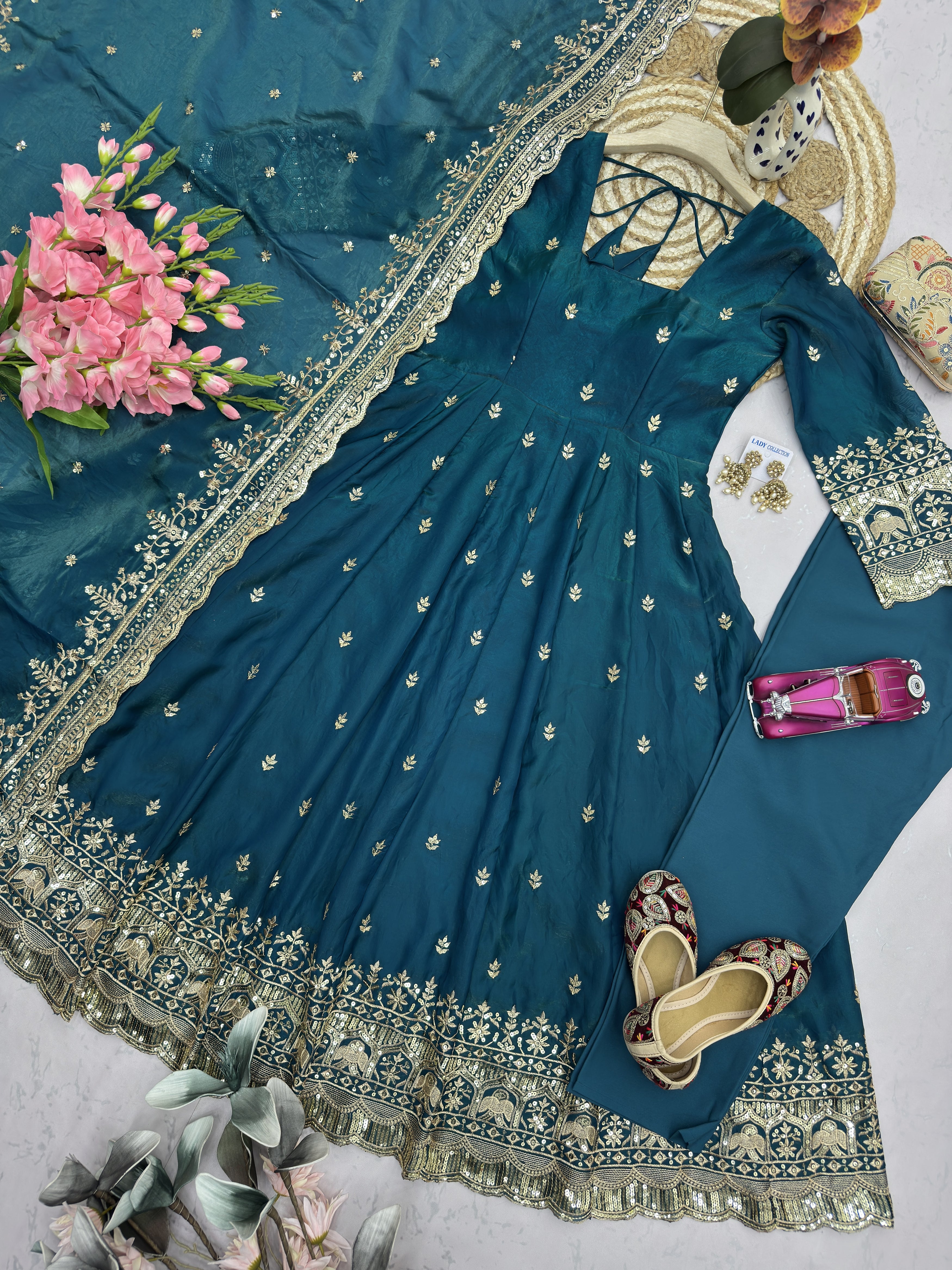 Peacock Blue Embroidered Anarkali Suit Set for Women | Heavy Zari & Sequins Work with Dupatta