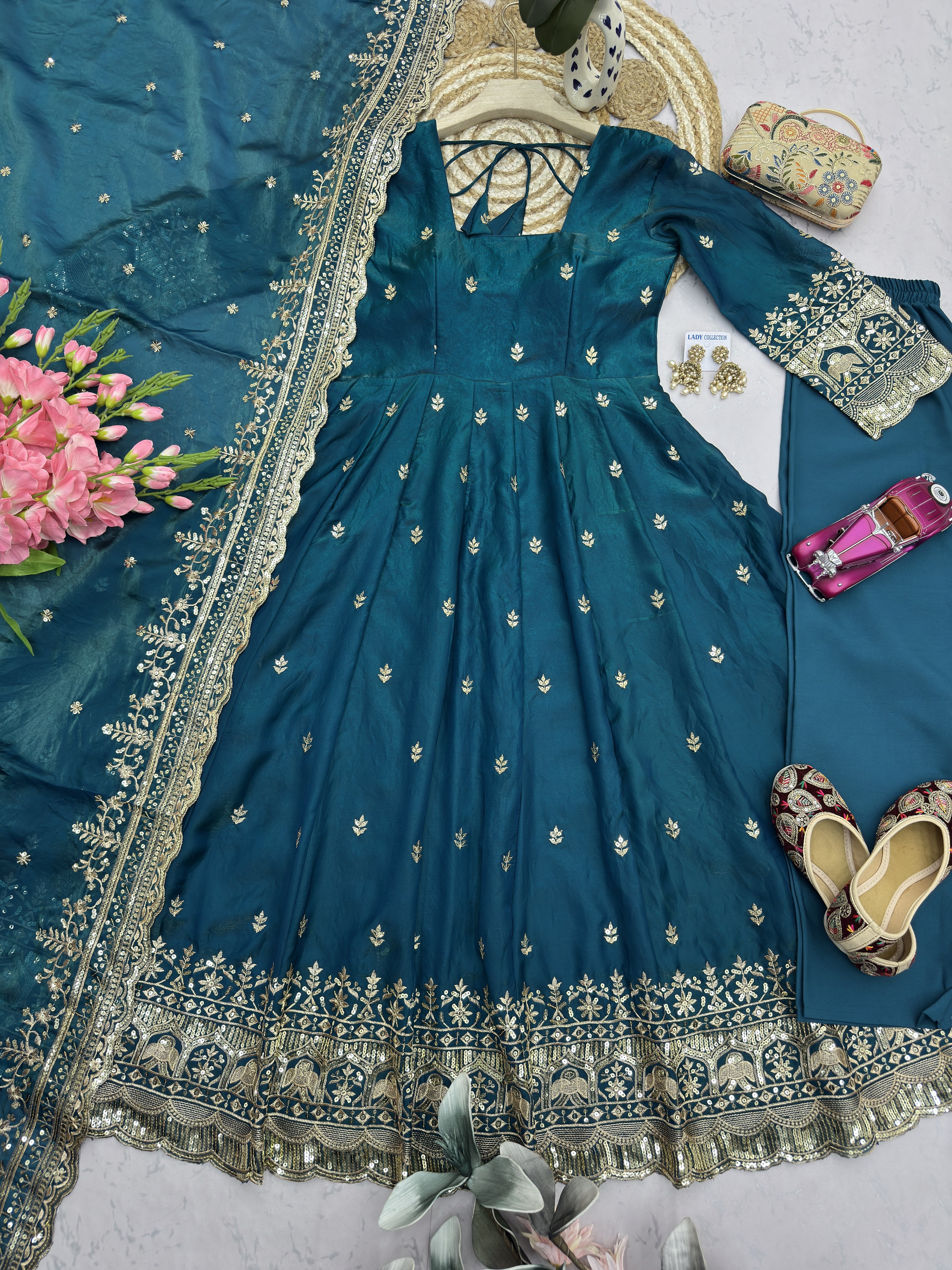 Peacock Blue Embroidered Anarkali Suit Set for Women | Heavy Zari & Sequins Work with Dupatta