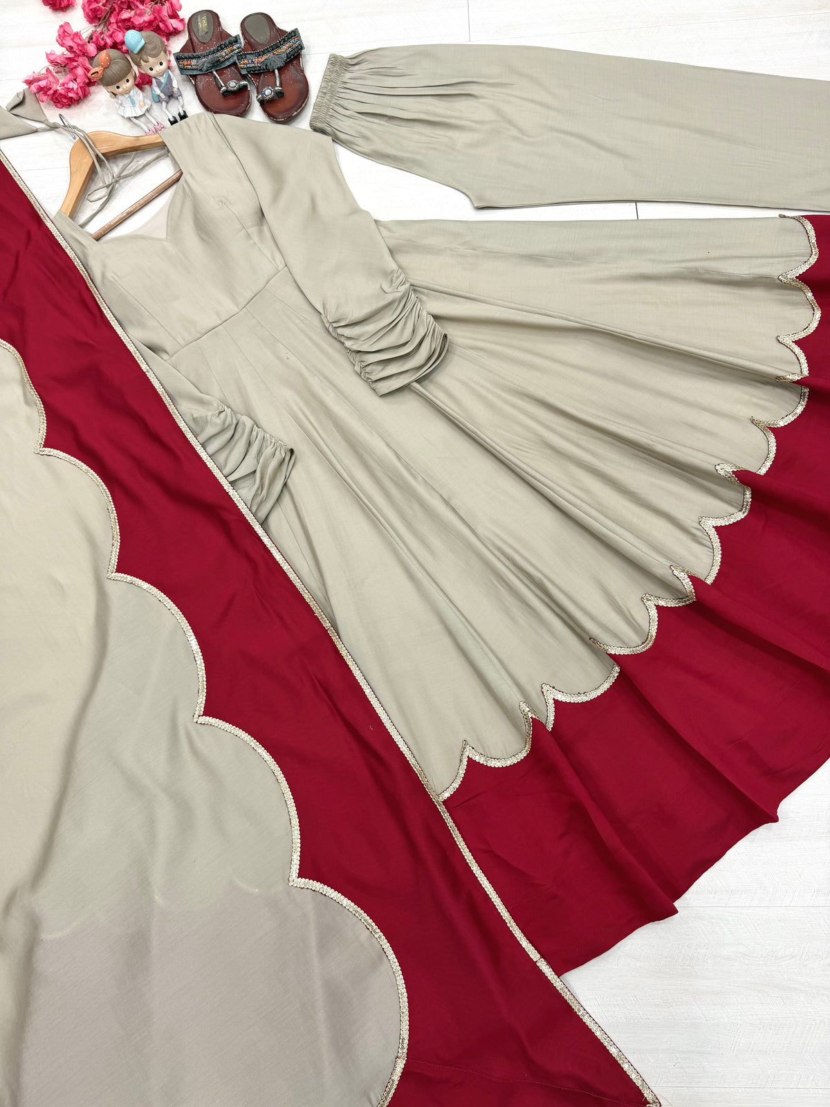Beige & Wine Red Roman Silk Embroidered Anarkali Gown Set with Palazzo & Dupatta