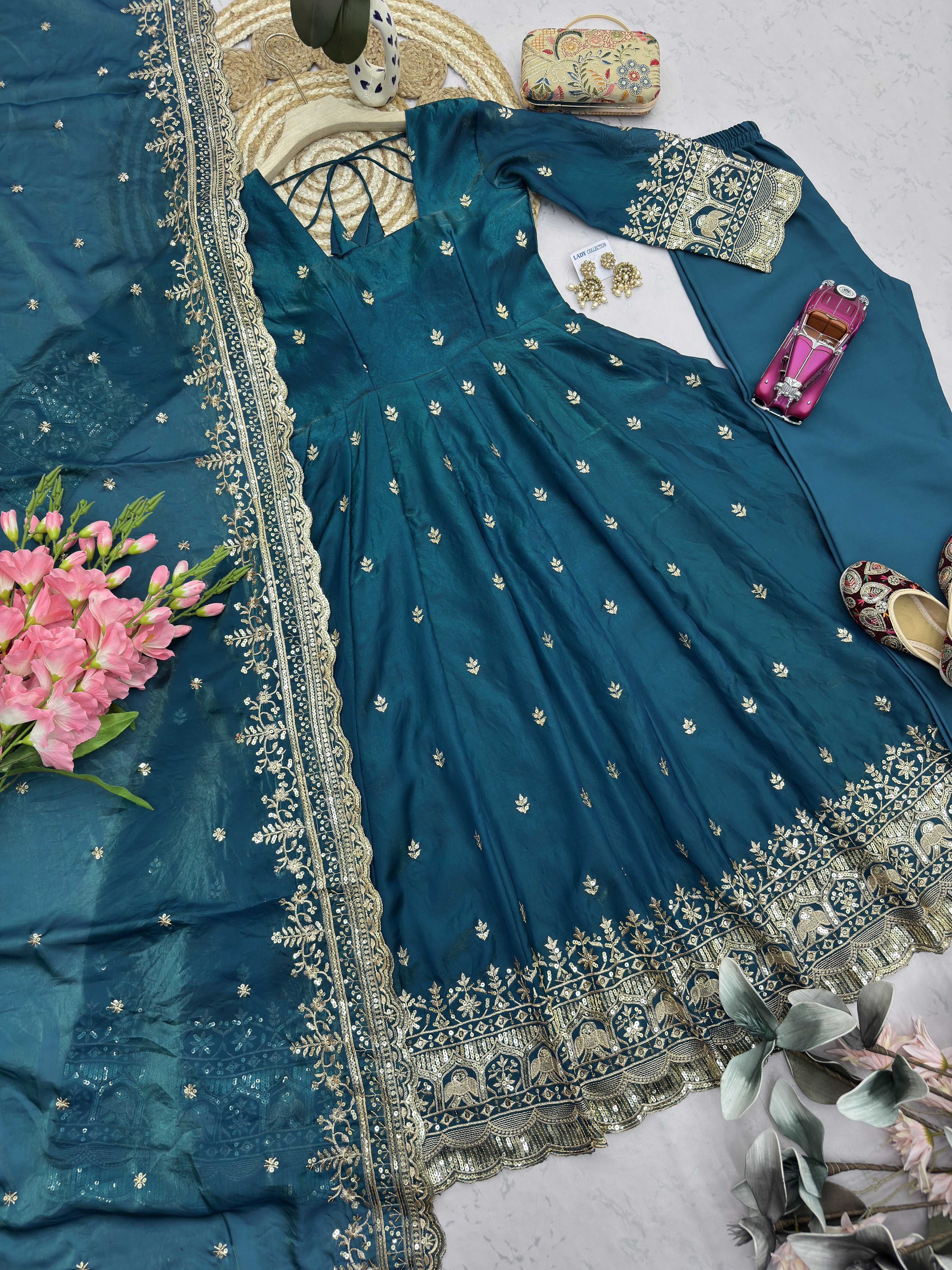 Peacock Blue Embroidered Anarkali Suit Set for Women | Heavy Zari & Sequins Work with Dupatta