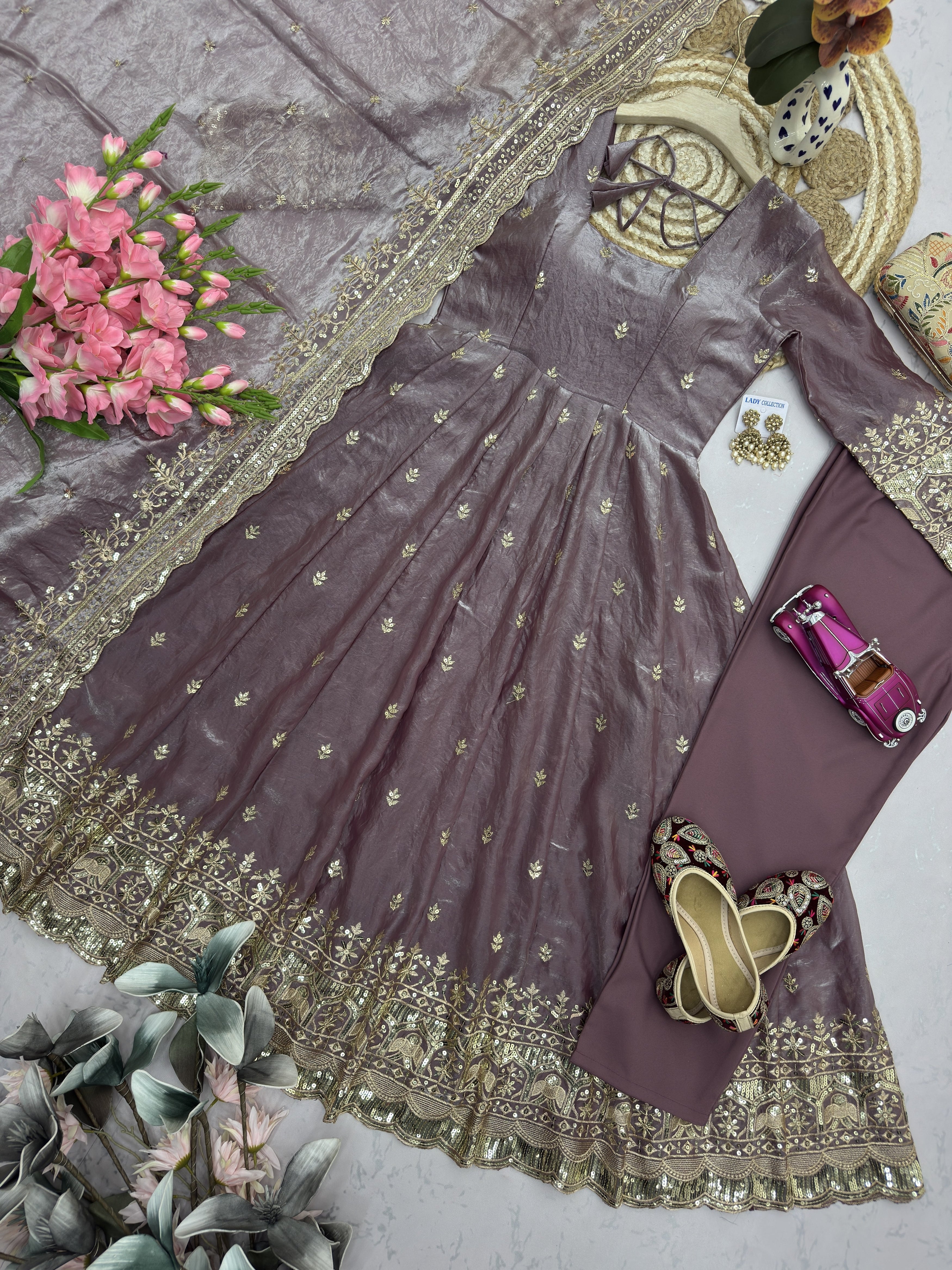 Dusty Mauve Embroidered Anarkali Suit Set for Women | Heavy Zari & Sequins Work with Dupatta