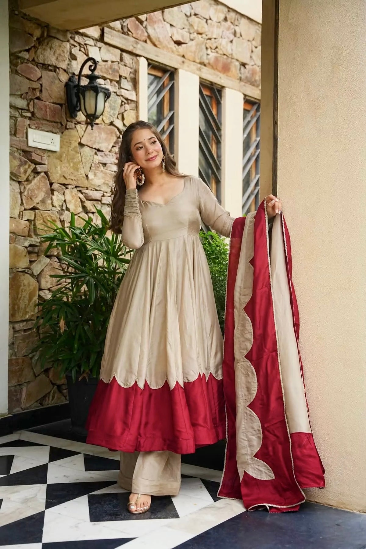Beige & Wine Red Roman Silk Embroidered Anarkali Gown Set with Palazzo & Dupatta