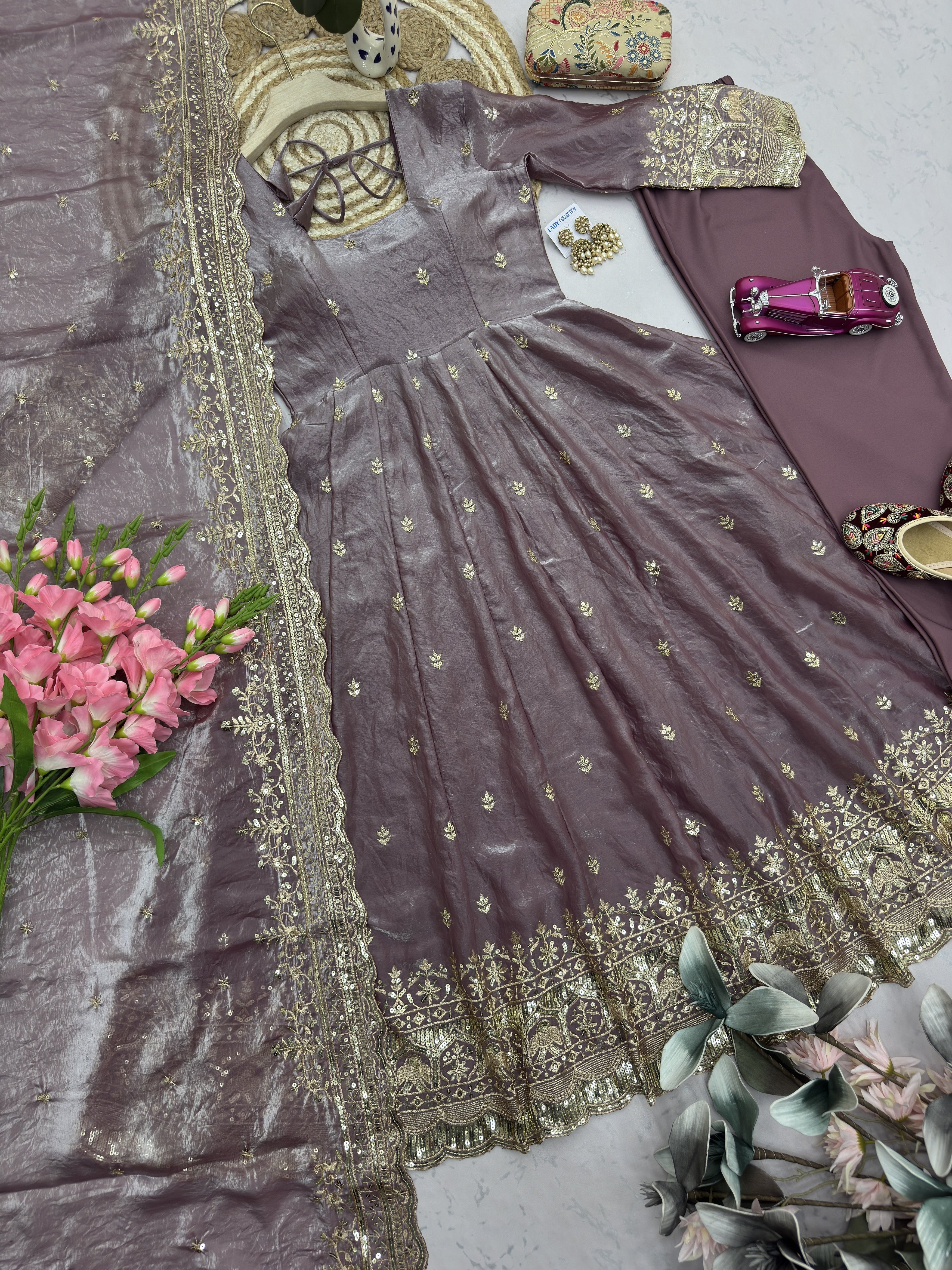 Dusty Mauve Embroidered Anarkali Suit Set for Women | Heavy Zari & Sequins Work with Dupatta