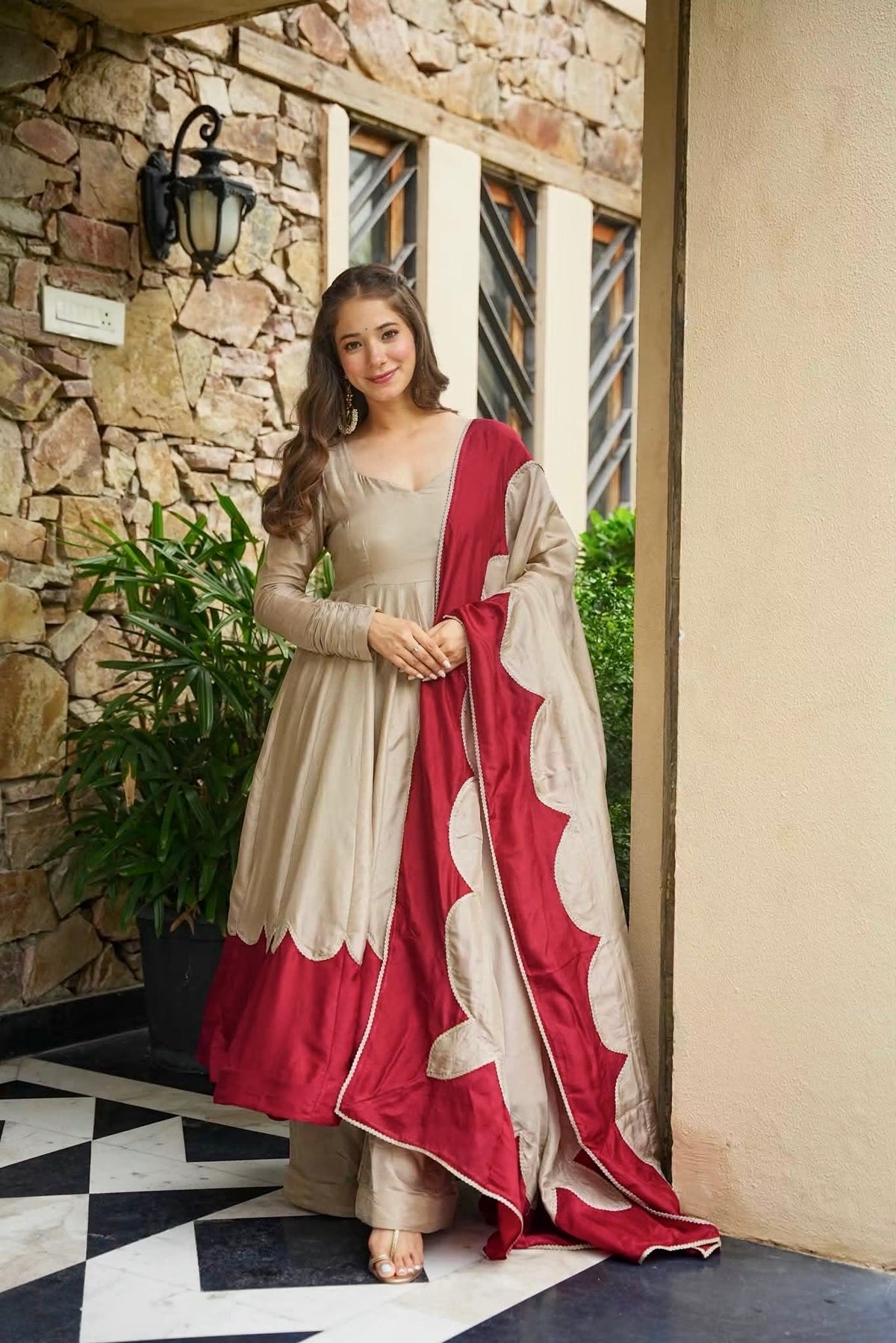 Beige & Wine Red Roman Silk Embroidered Anarkali Gown Set with Palazzo & Dupatta